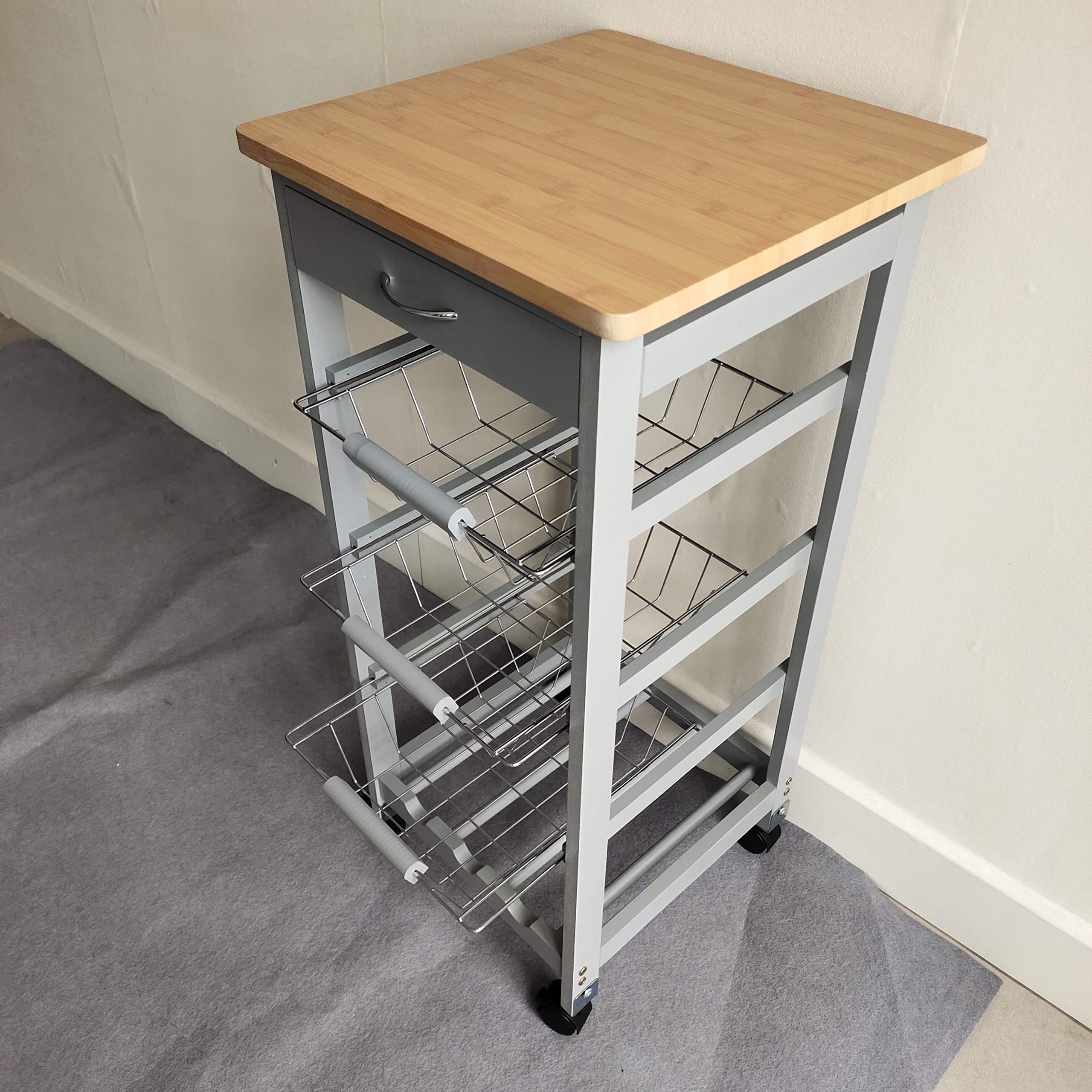 3-Tier White Wooden Kitchen Utility Cart with Wheels - Rolling Storage Organizer with 3 Baskets & Wine Rack - Mobile Storage Solution for Dining Room, Pantry or Living Room - Natural & Grey Finish