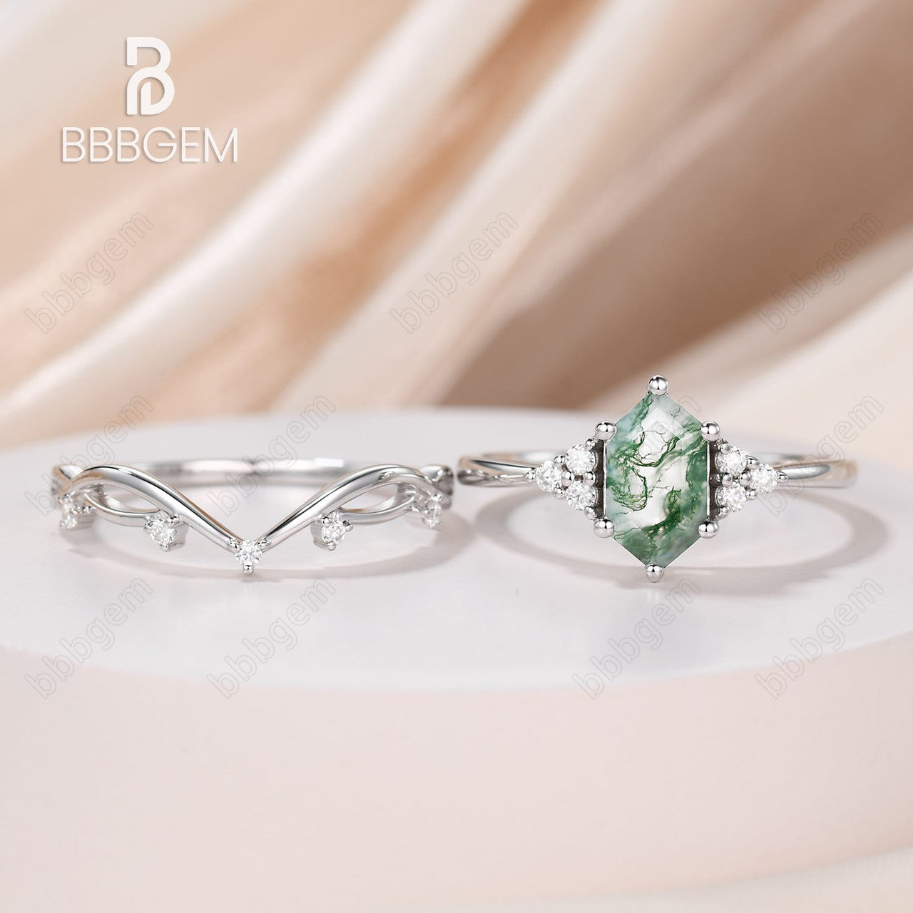 Vintage Moss Agate Hexagon Cut Branch Leaf Vine Art Deco Promise Ring Set for Women - Nature Inspired Jewelry for Engagement, Wedding, Anniversary & Everyday Boho Fashion