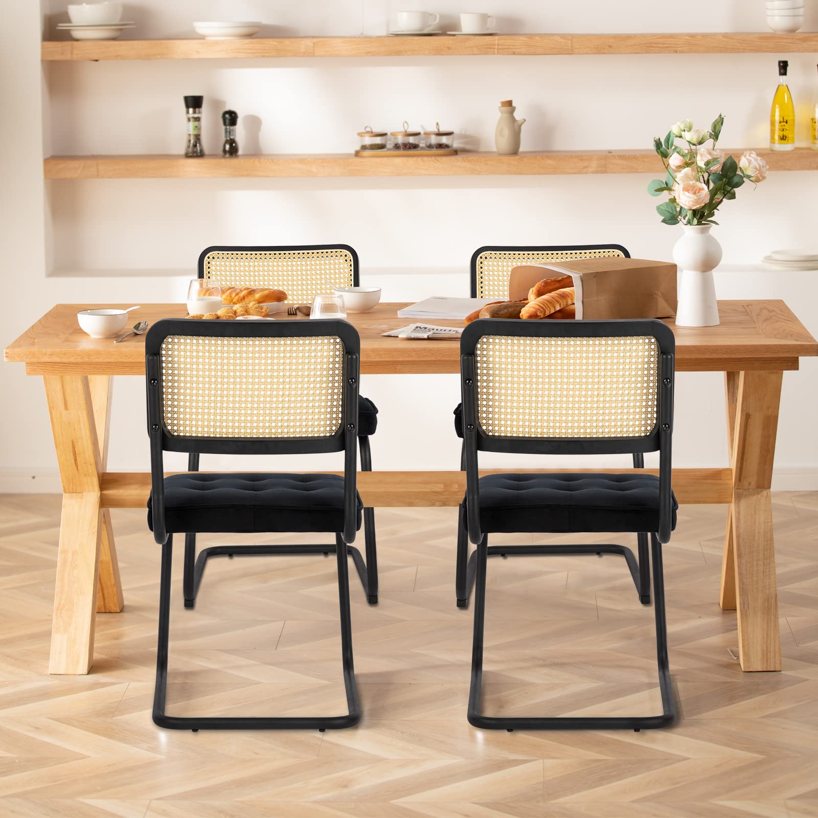 COLAMY Mid Century Modern Dining Chairs Set of 4 - Velvet Upholstered Rattan Chairs with Chrome Metal Legs for Kitchen, Dining Room, Living Room | Elegant Home Decor for Entertaining & Daily Use