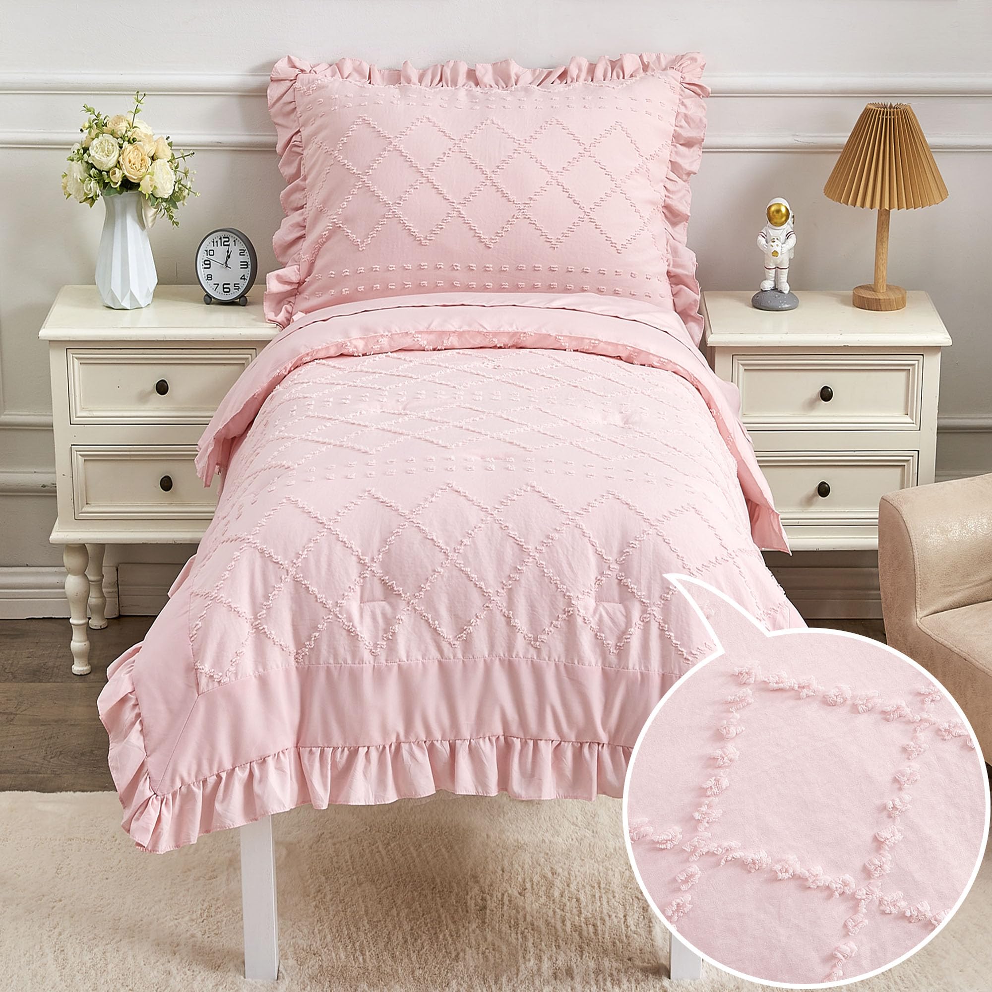 4-Piece Boho Pink Toddler Bedding Set for Girls - Jacquard Tufted Comforter, Ruffle Fringe, Flat Sheet, Fitted Sheet & Pillowcase | Soft & Cozy Bed-in-a-Bag for Kids Room, Nursery or Sleepovers