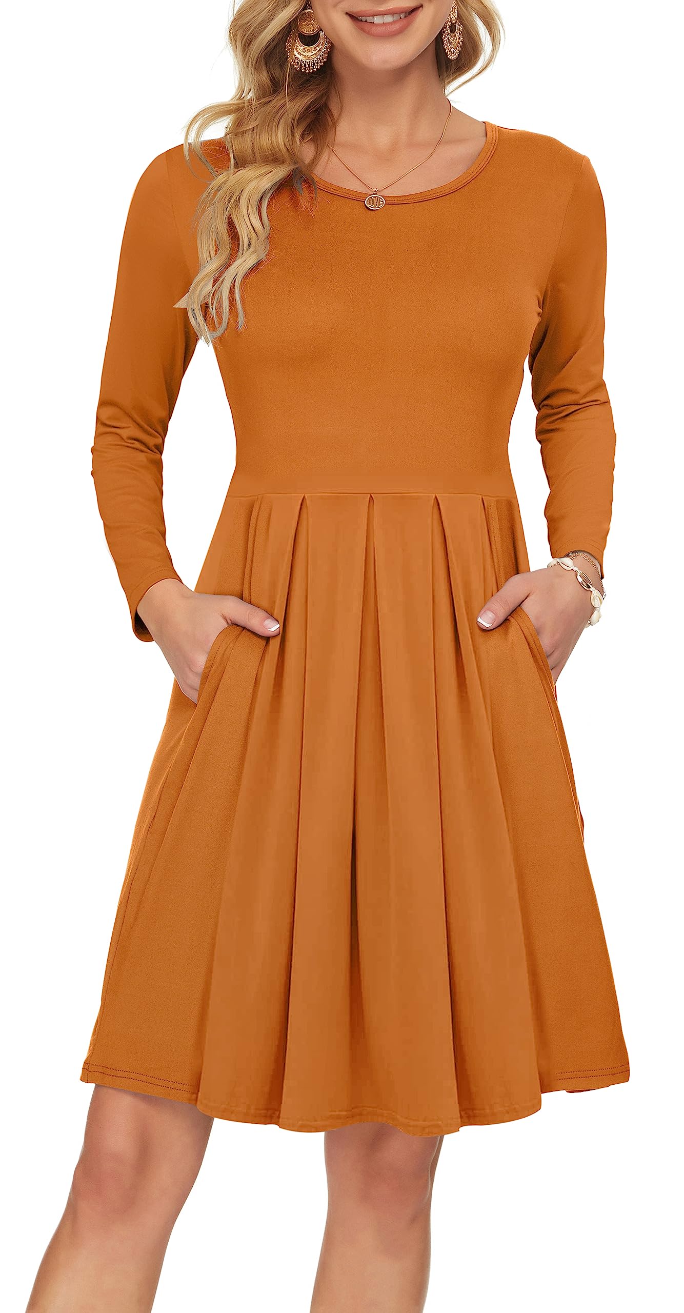 AUSELILY Women's Long Sleeve Pleated Swing Dress with Pockets - Knee Length Casual Loose Fit Dress for Everyday Wear, Office & Spring Outfits 2025 New