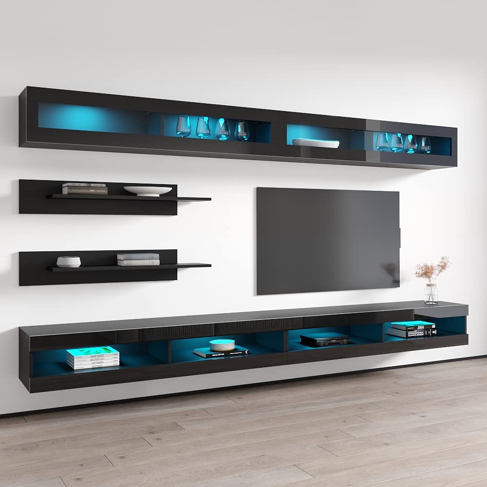 Modern Wall-Mounted TV Stand with Storage Shelves & LED Lights - Floating Entertainment Center Console for Bedroom & Living Room - Black I2 34TV Stand by Meble Furniture (Perfect for Small Spaces & Home Theater Setup)