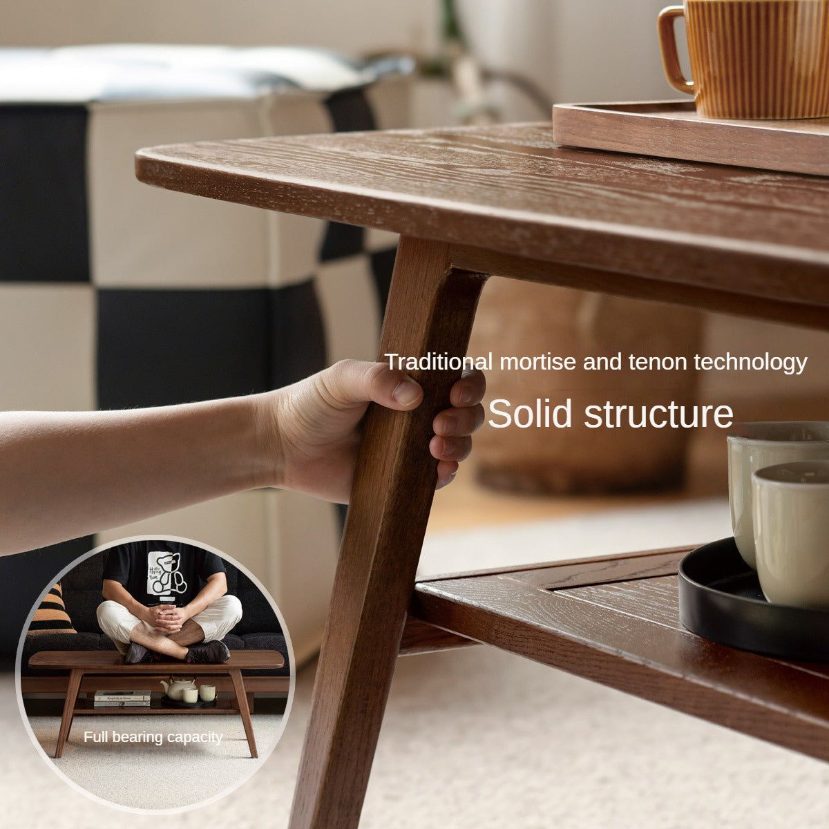 Solid Oak Wood Walnut Finish Double Layer Coffee Table - Modern Living Room Furniture for Home Decor & Small Space