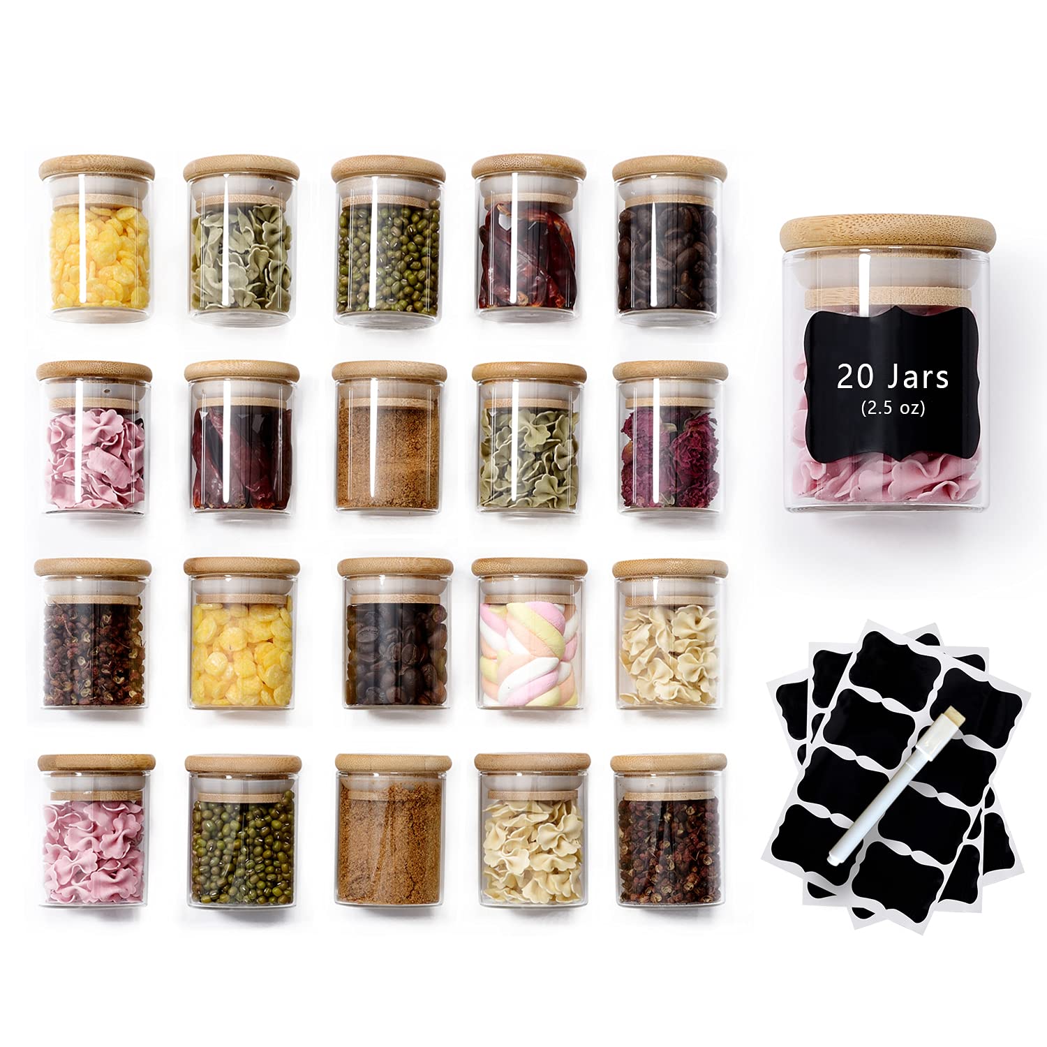 20 Pcs Glass Spice Jars with Airtight Bamboo Lids - 2.5oz Clear Kitchen Storage Containers for Tea, Coffee, Herbs, Sugar & Salt | Includes Labels & Pen | Perfect for Pantry Organization & Spice Rack Display