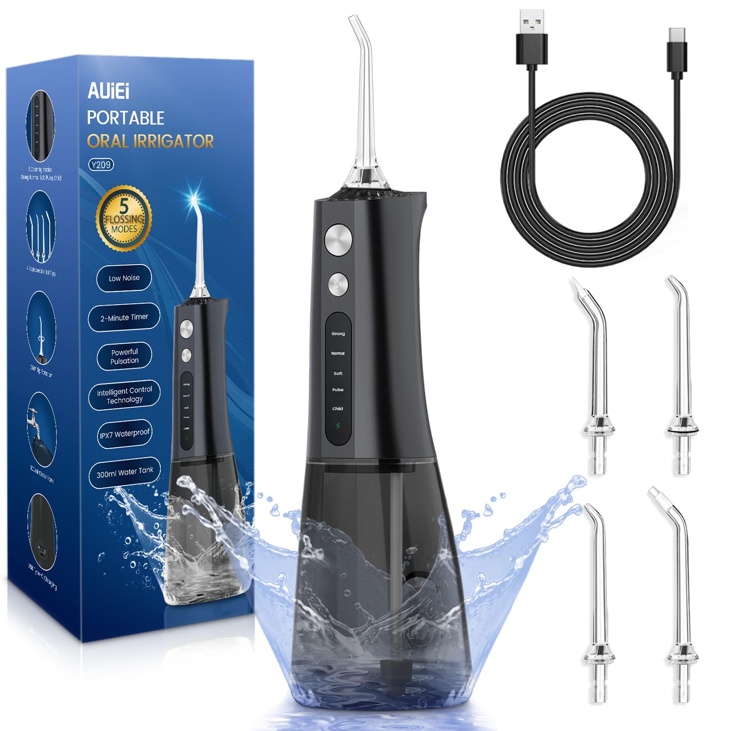 AUIEI Cordless Water Flosser for Teeth - Professional Oral Irrigator with 5 Cleaning Modes, 4 Jet Tips & 300ML Tank | USB-C Rechargeable Portable Teeth Cleaner | Perfect for Home Use & Travel (Black) | Ideal for Braces, Gum Care & Dental Hygiene