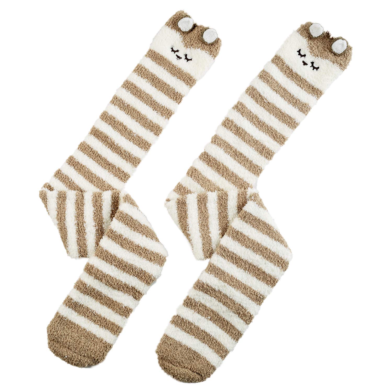 Wander G Women's Over Knee High Fuzzy Socks - Cute Cartoon Thigh High Stockings - Warm Striped Leg Warmers for Winter, Lounge & Home Comfort