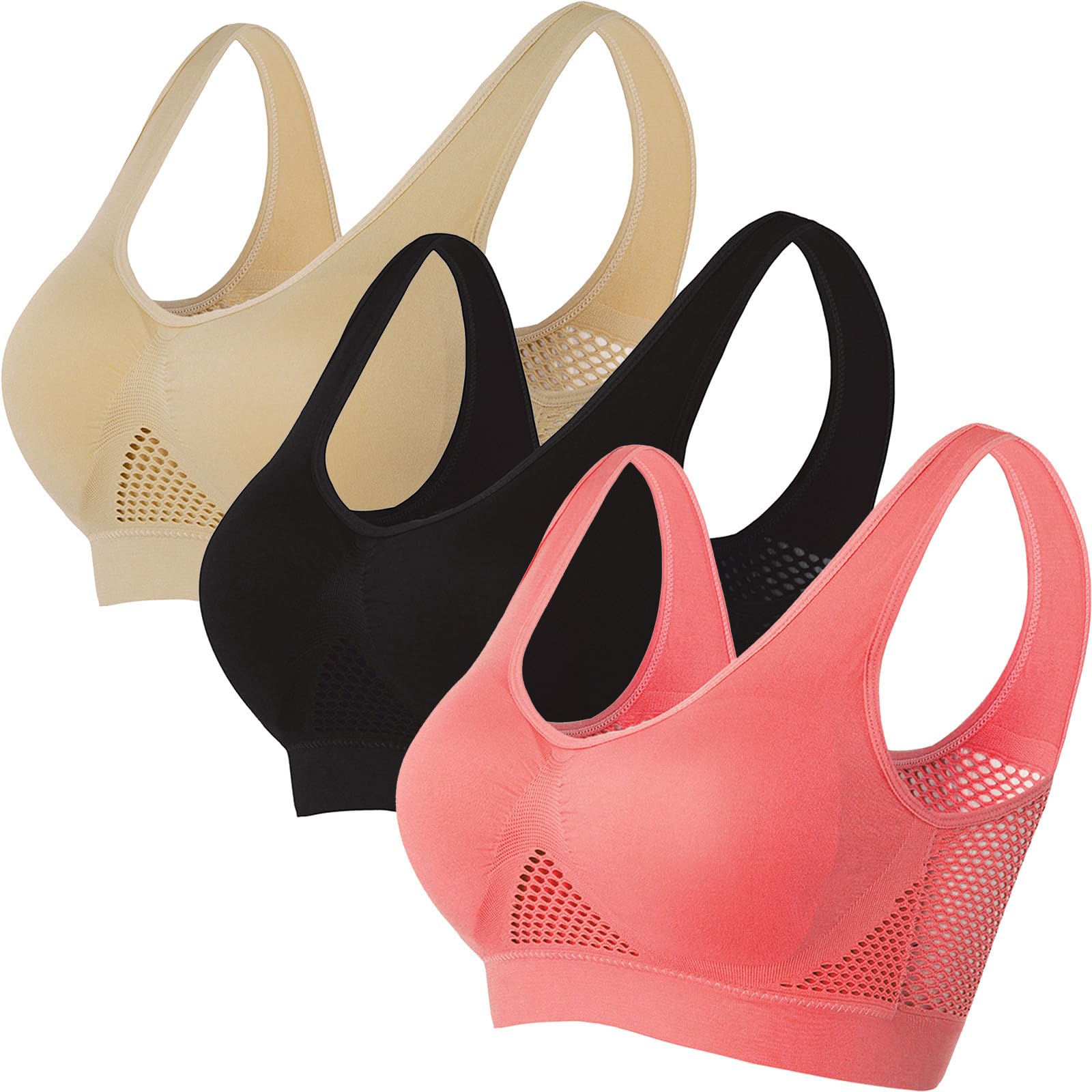 3 Pack Breathable Cool Liftup Air Bra for Women - Large Size Sports Bra with Comfortable Mesh & Support for Running, Yoga & Workouts