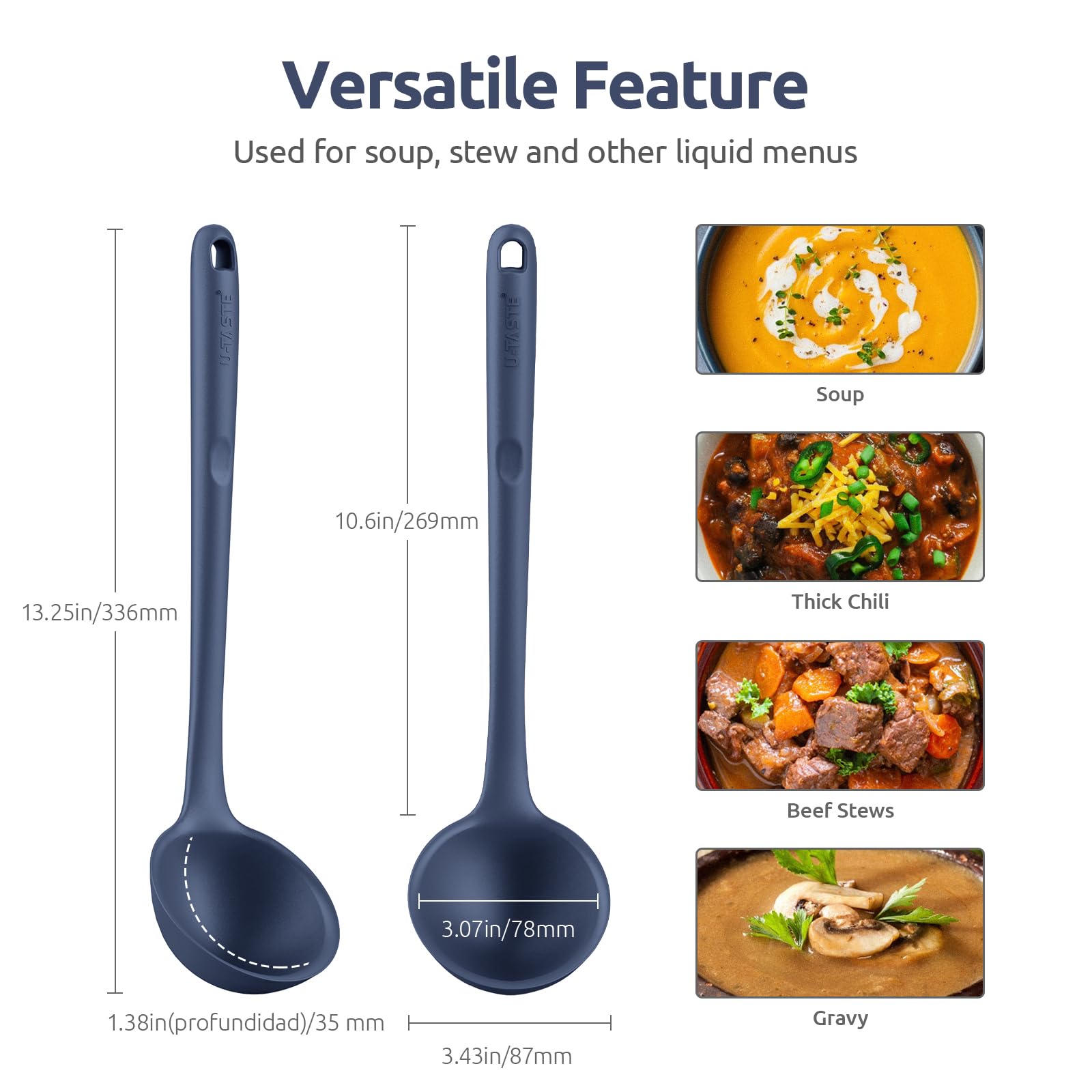 U-Taste 14-Inch Extra Large Flexible Silicone Spatula & 13-Inch Non-Stick Soup Ladle Set - 600°F Heat Resistant, Midnight Blue - Perfect for Baking, Cooking, and Serving Hot Dishes