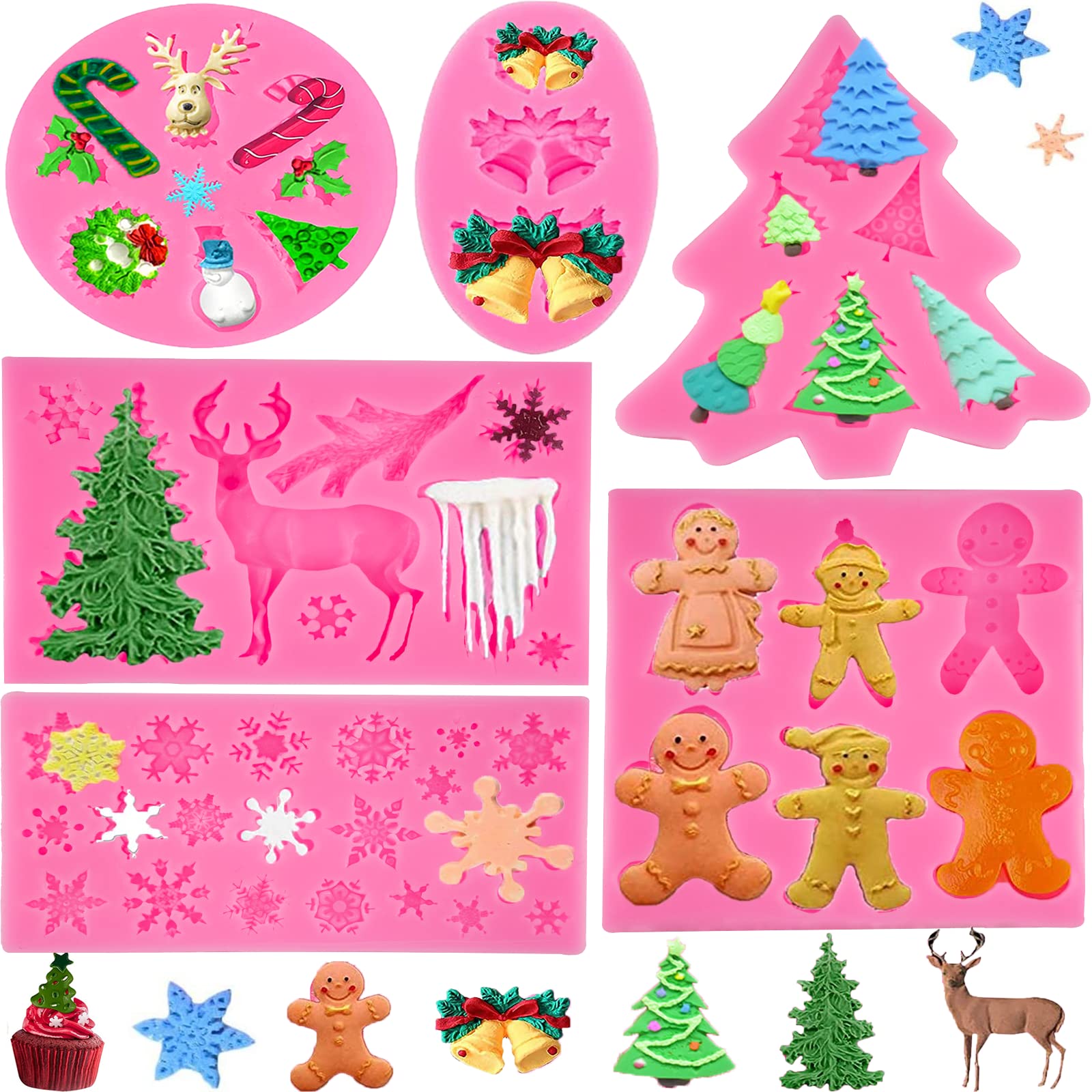 6 Pcs Christmas Fondant Molds Set - Mini Pink Silicone Molds for Polymer Clay, Candy & Chocolate (Snowflake, Tree, Reindeer, Santa) - Baking Tools for Xmas Party Cake Decorating & Holiday Dessert Making