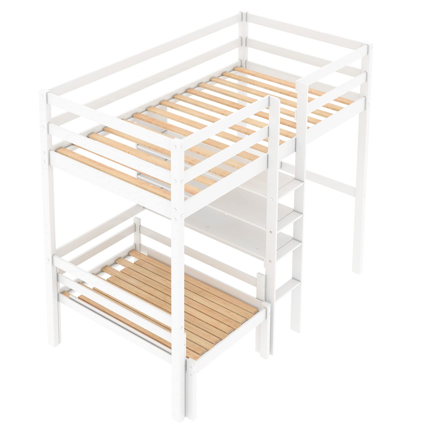 Convertible Twin Loft Bed with Desk, Shelves & Storage - White Wood Bunk Bed Frame for Kids, Teens, Boys & Girls - Perfect for Small Rooms & Dorm Spaces with Free Seat Cushion Included