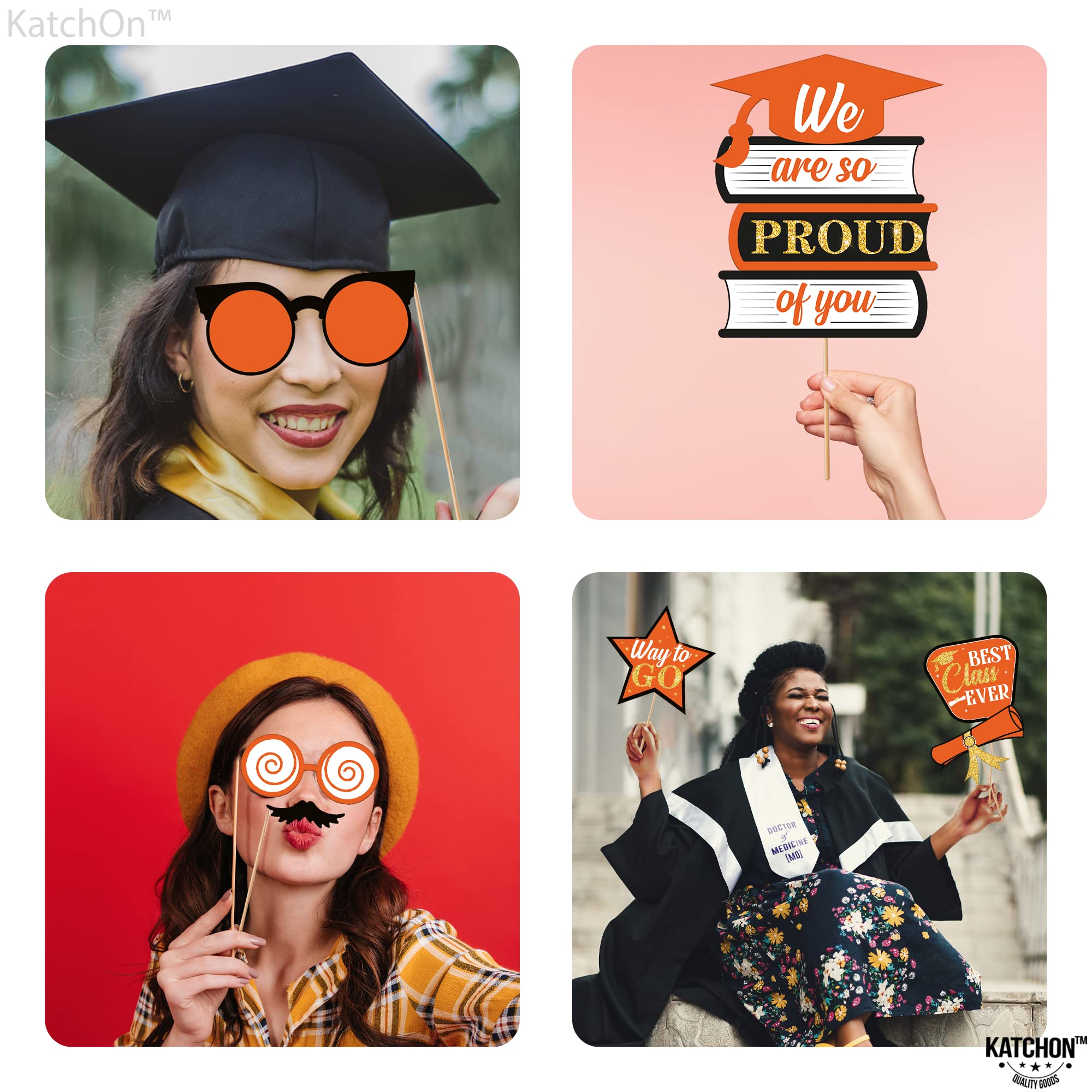 KatchOn 2025 Graduation Photo Booth Props - 30-Pack Glitter Orange & Black Decorations for Class of 2025 | Perfect for Graduation Parties, Photo Backdrops & School Events