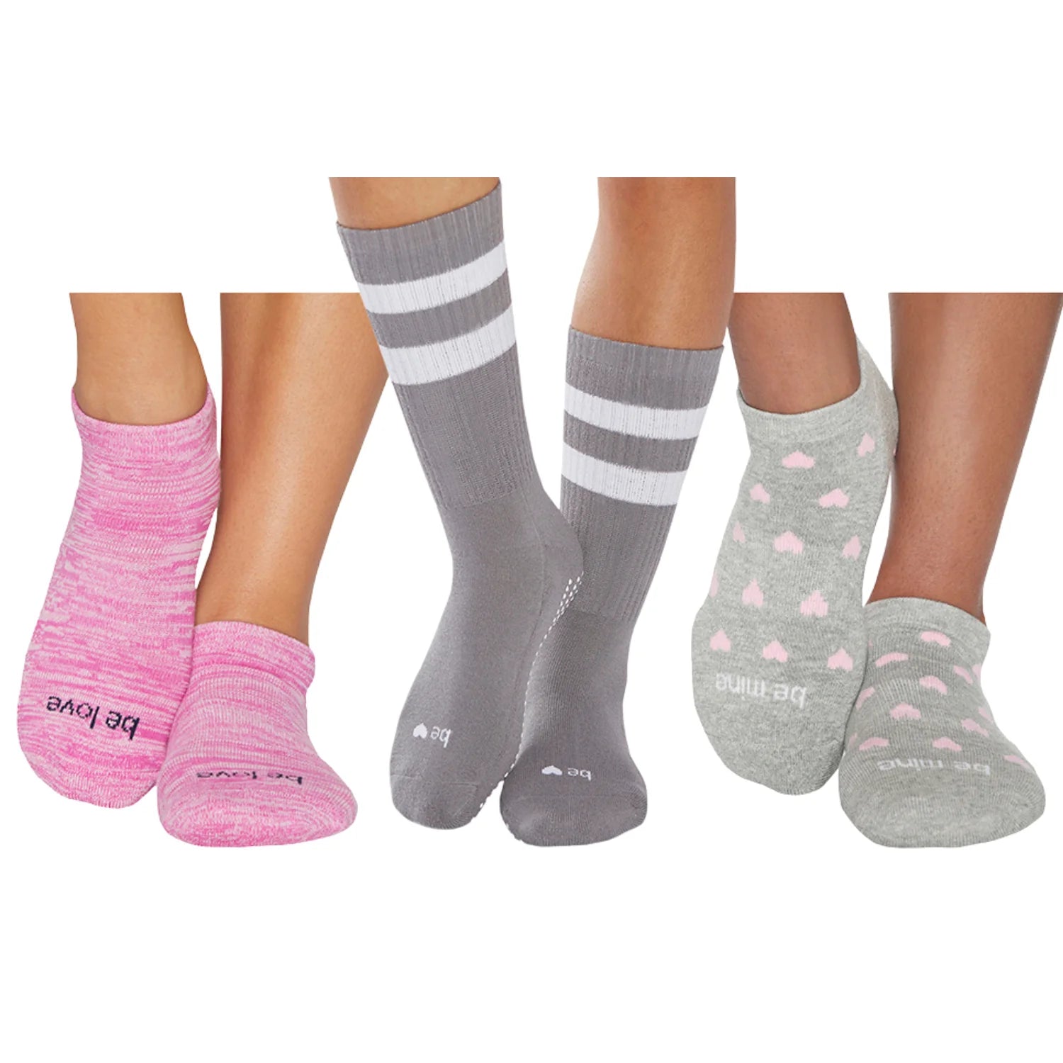 Sticky Be Socks Women's Non-Slip Grip Socks - 3 Pack Valentine's Day Gift (Pink & Grey) | Cozy House Slippers for Yoga, Pilates & Home Wear