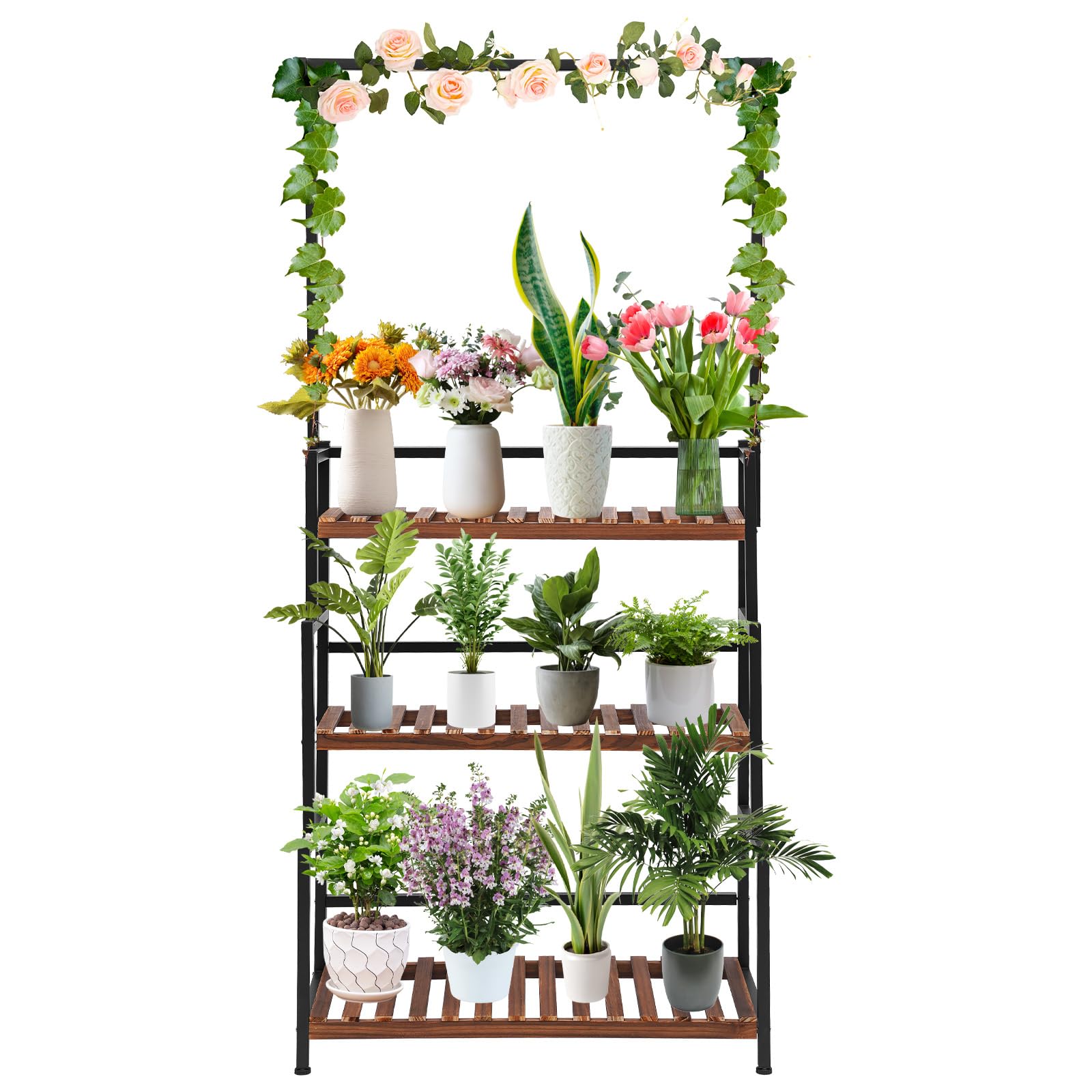 OUKANING 3-Tier Black Metal Hanging Plant Stand - Flower Pot Display Shelf for Indoor & Outdoor Use - 31.4 x 13.4 x 68.1 Inch Storage Rack - Perfect for Living Room, Garden, Patio, Balcony, Lawn Decor