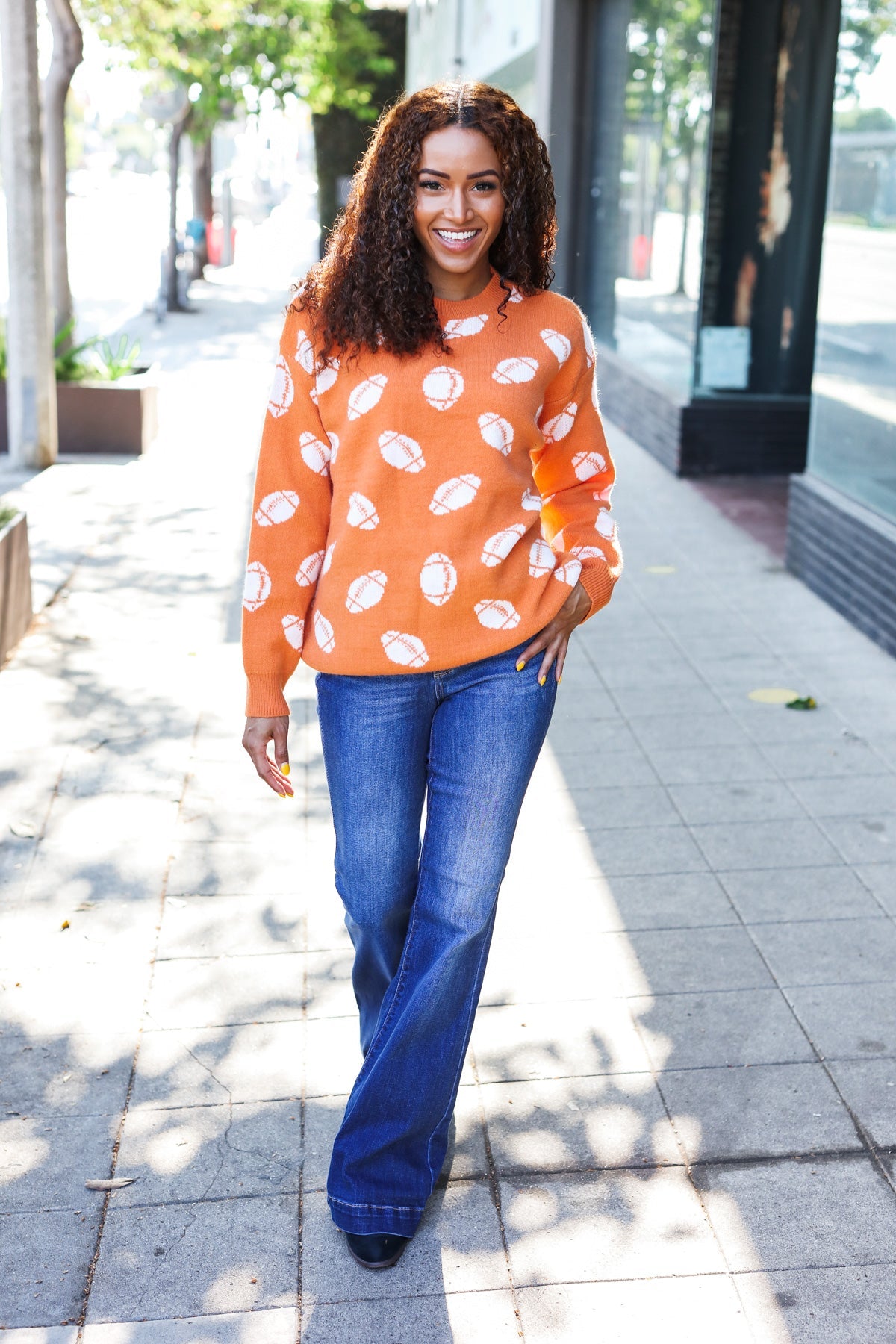 Game Day Orange Football Print Jacquard Knit Sweater - Stylish Sports Fan Apparel for Football Games, Tailgating & Casual Wear