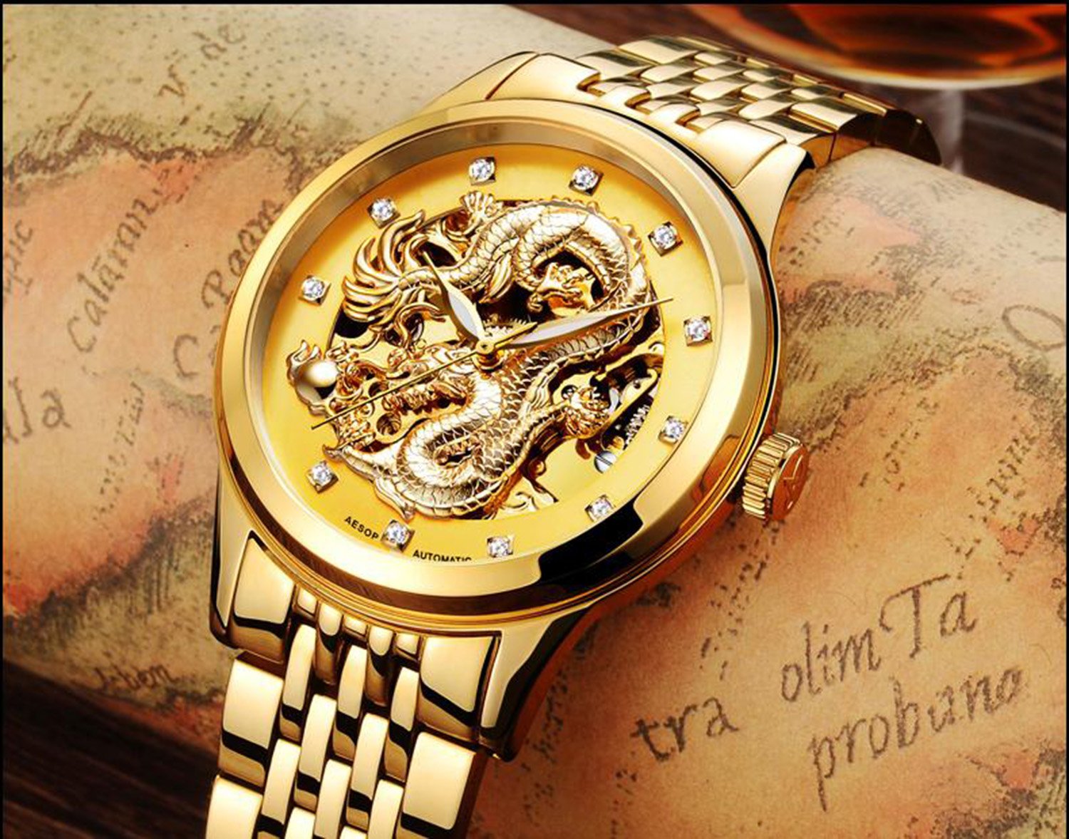 MASTOP Men's Luxury Automatic Mechanical Watch - Dragon Collection with Carved Skeleton Dial, Waterproof, Gold Stainless Steel | Perfect for Business, Formal Events & Gift Giving