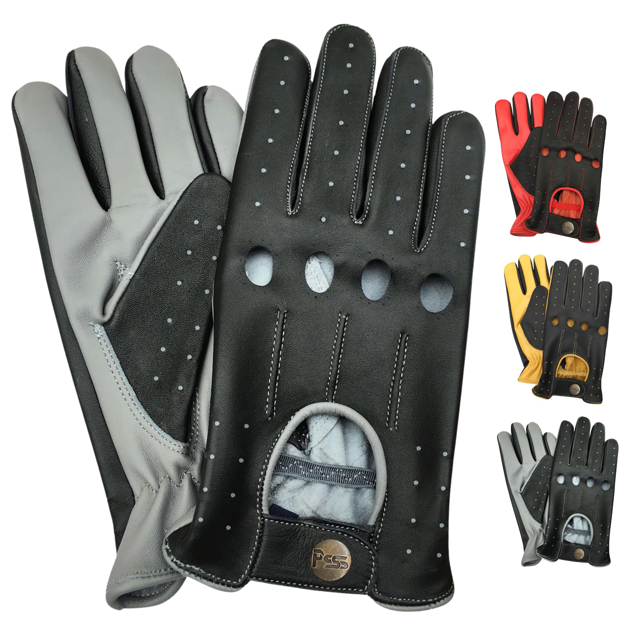 Prime Retro Genuine Leather Men's Classic Driving Gloves - Unlined Chauffeur Style 515 (Black-Grey, Size L) | Perfect for Vintage Car Enthusiasts & Luxury Vehicle Drivers