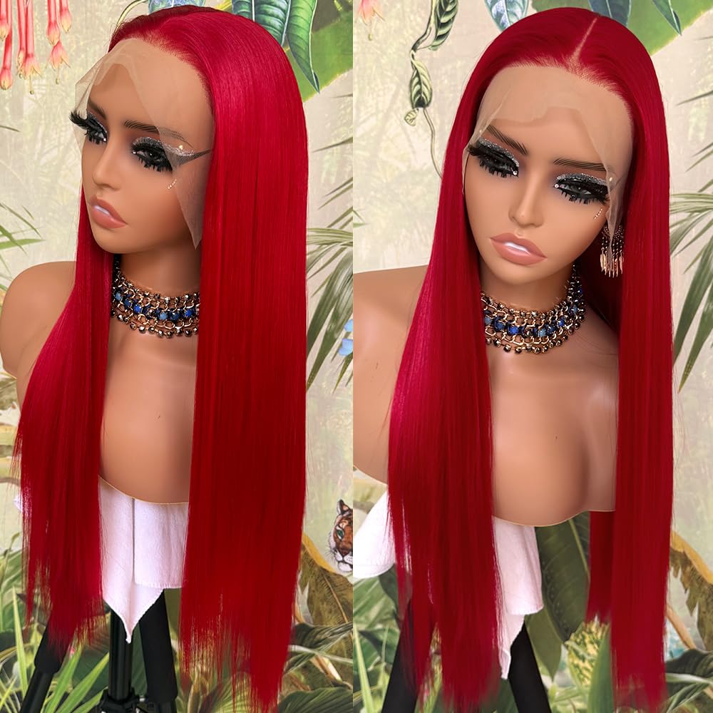 QD-Tizer 24 Inch Long Straight Red Synthetic Lace Front Wig for Women - Heat Resistant, Glueless, Natural Hairline | Perfect for Cosplay, Daily Wear & Special Occasions