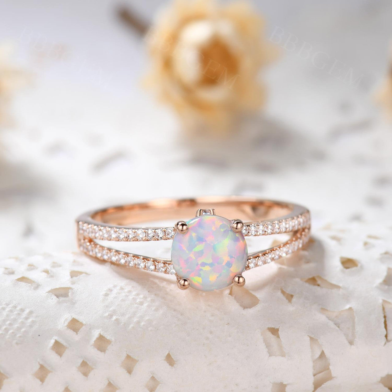 Vintage Opal Engagement Ring - Split Shank Round Cut Opal Wedding Band in Rose Gold | Perfect for Proposals, Anniversaries & Romantic Occasions