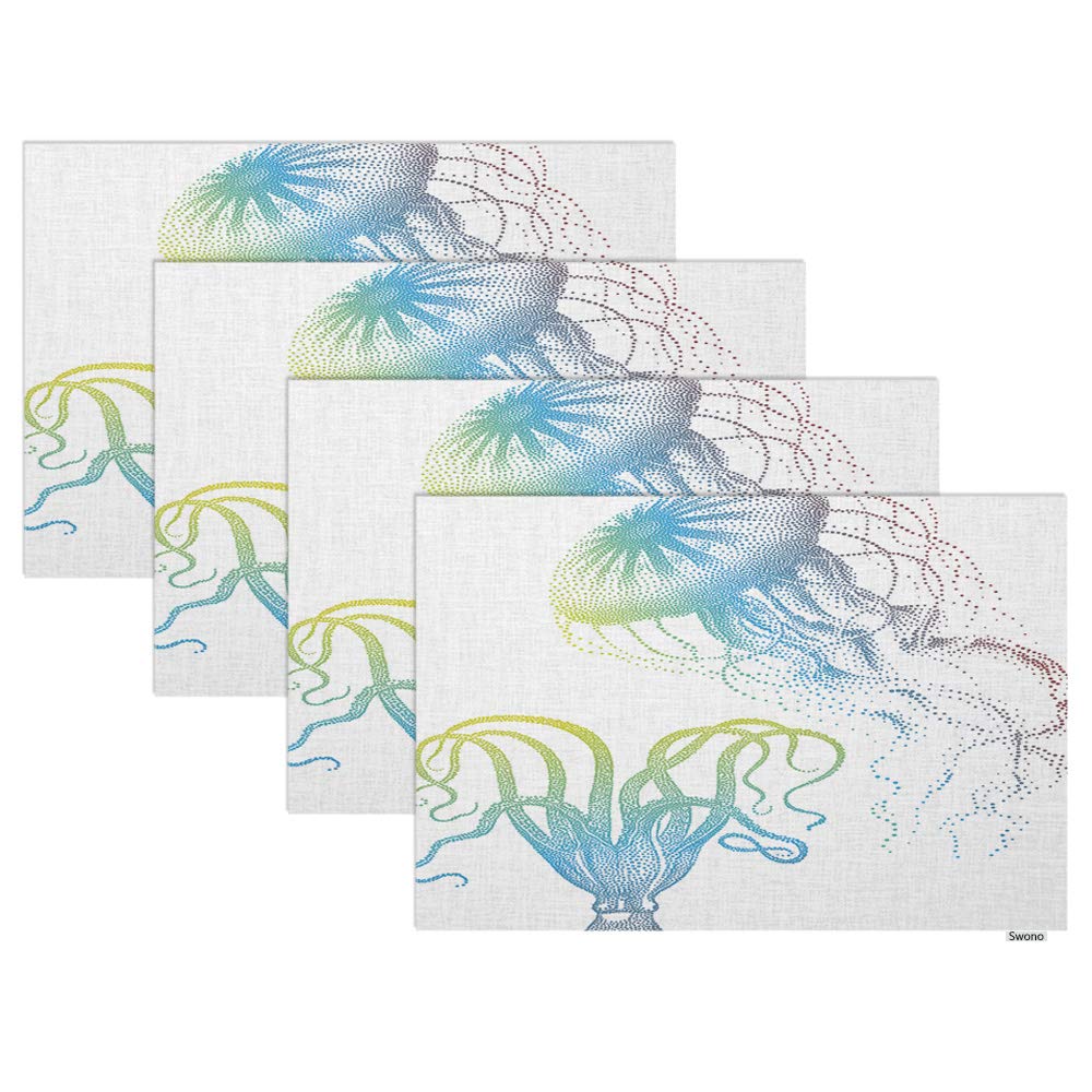 Swono 4-Pack Jellyfish & Octopus Placemats Set - Waterproof 12x18 Inch Non-Slip Dining Table Mats with Vibrant Ocean Art, Modern Kitchen Decor for Home, Perfect for Seafood Restaurants & Beach-Themed Parties
