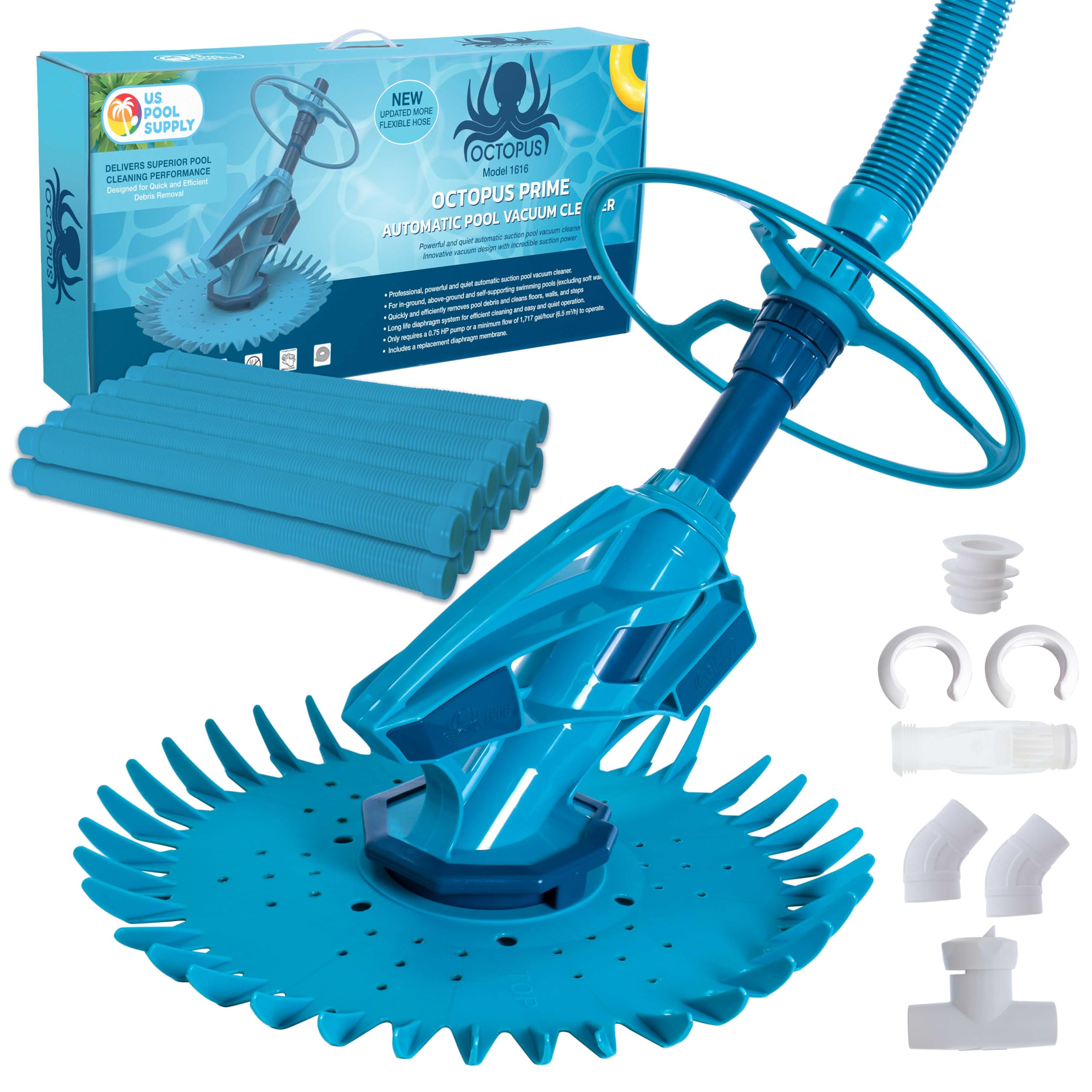 Octopus Prime Automatic Pool Vacuum Cleaner with Hose Set - Powerful Suction for Floors, Walls & Steps - Quiet Fast Cleaning for Inground & Above Ground Pools - Ideal for Leaves, Dirt & Debris Removal - Perfect for Backyard, Residential & Commercial Swimming Pools