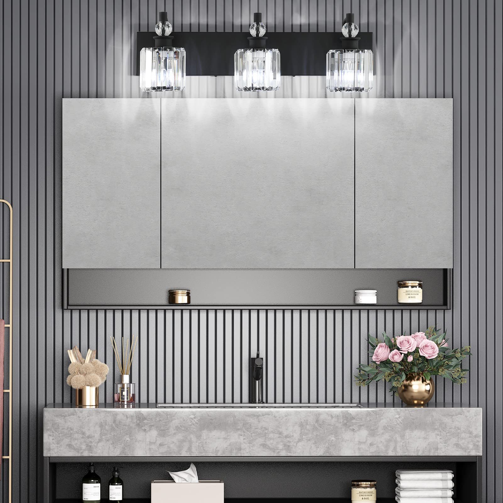 Ralbay 3-Light Black Crystal Bathroom Vanity Light Fixture - Modern Matte Black Wall Sconce for Mirror Lighting, Perfect for Bathroom, Powder Room, and Dressing Room Makeup Area