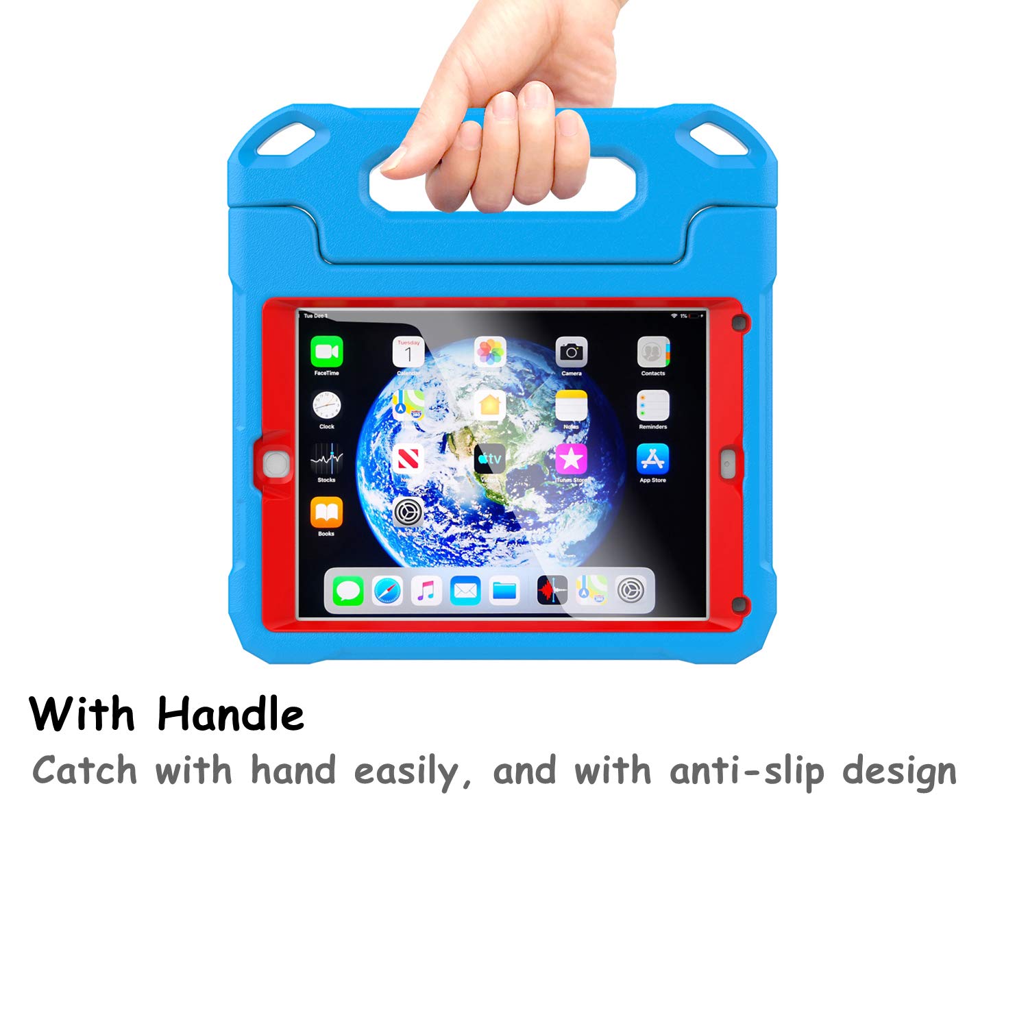 Shockproof Kids iPad Case for iPad 9.7-inch (6th/5th Gen & Air/Air 2) - Lightweight Convertible Stand Cover with Built-in Screen Protector, Handle - Blue & Red - Perfect for School, Travel & Home Learning