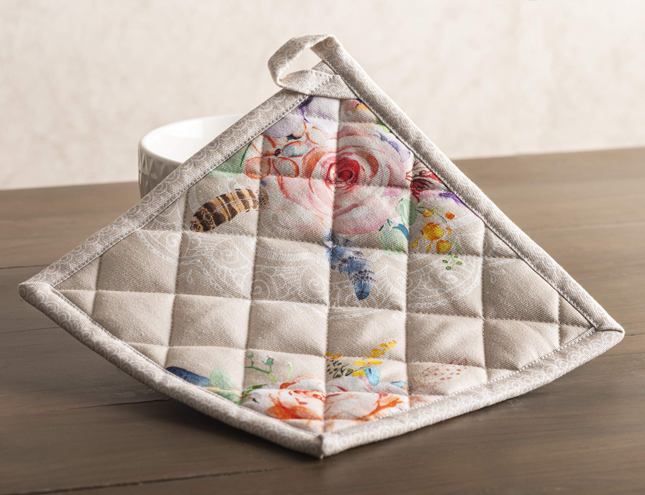 Maison d'Hermine 100% Cotton Heat Resistant Pot Holders Set of 2 - 8x8 Inches with Hanging Loop for Grilling, Microwave & Hot Pans - Easter & Spring Summer Kitchen Decor (Ibiza Beige) - Perfect for BBQ, Baking and Holiday Cooking
