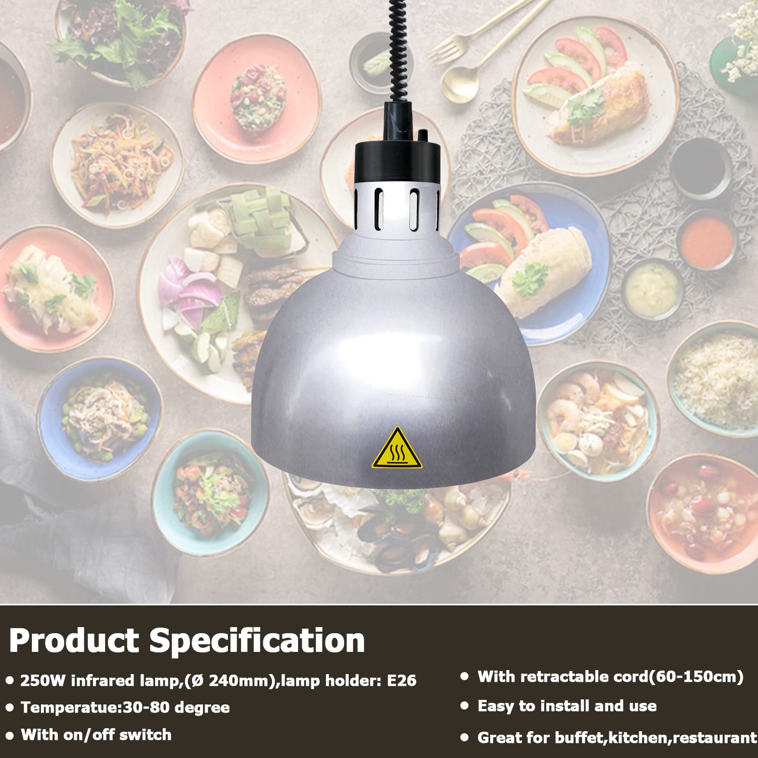 250W Silver Hanging Food Heat Lamp - 24cm Overhead Food Warmer for Restaurants, Buffets & Catering | Commercial Hot Food Warming Light with Bulb Included | Perfect for Keeping Meals Warm at Events, Cafeterias & Food Stations