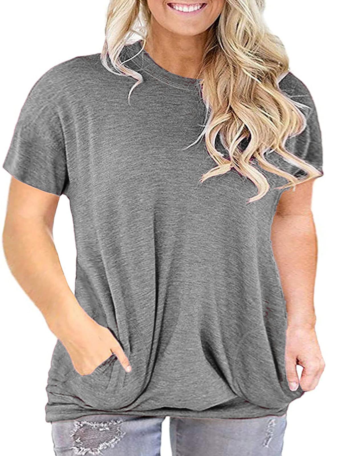 LANREMON Women's Plus Size Casual Short Sleeve Tunic Top with Pockets - Comfortable Round Neck Shirt for Work, Travel & Everyday Wear