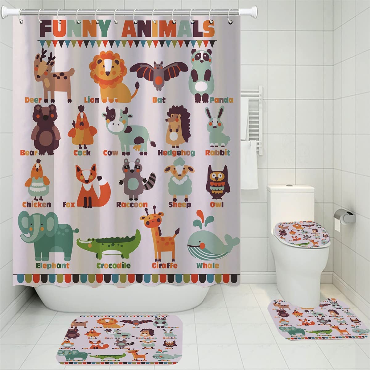 Funny 3D Animal Bathroom Set - Crocodile, Rooster, Cow, Chicken & Whale Printed Shower Curtain with 12 Hooks & Non-Slip Flannel Rugs (4-Piece Set) | Forest & Ocean Theme Bath Decor for Kids & Adults
