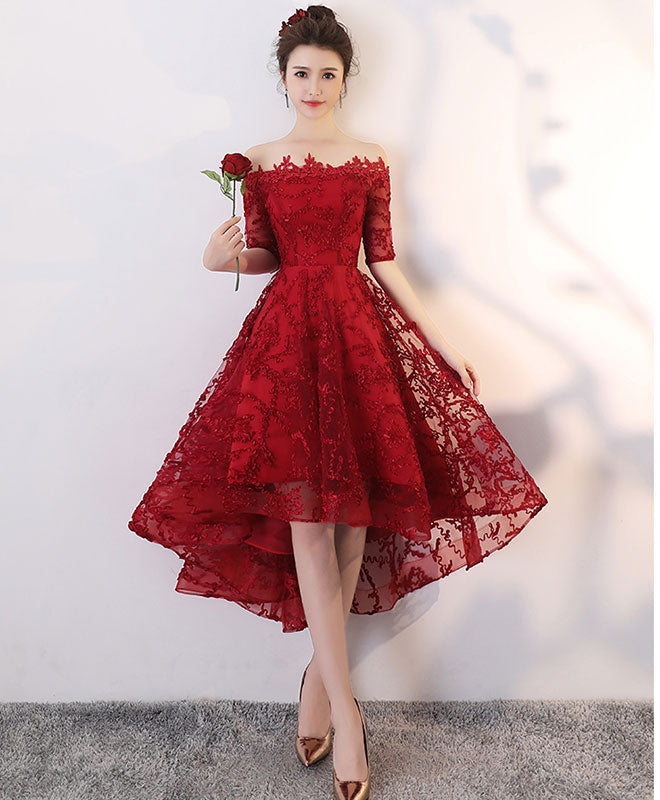 Elegant Burgundy Tulle Lace High-Low Prom Dress for Homecoming - Perfect for Formal Dances, Evening Parties & Special Occasions