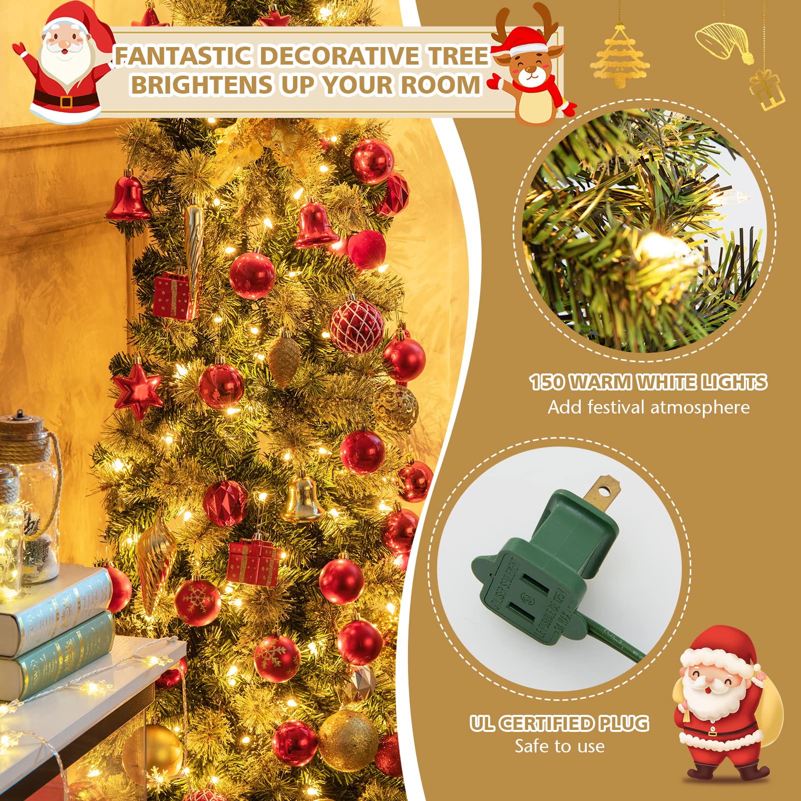 Goplus 7ft Pre-Lit Artificial Christmas Tree with 150 Warm White LED Lights, 403 Branch Tips - Foldable PVC Pine Needle Xmas Tree with Metal Stand for Indoor Home, Office, Party Holiday Decor | Perfect for Living Room, Bedroom & Festive Celebrations
