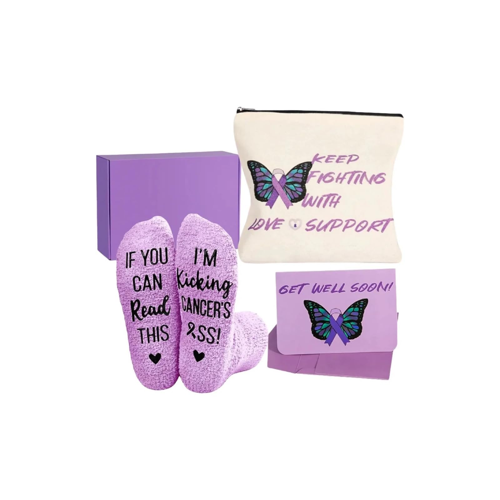 **Ursa Major Cancer Care Gift Set for Women - 3PCS Chemo Comfort Package with Socks, Get Well Soon Card & Tote Bag - Thoughtful Breast Cancer Support Gifts (Purple) - Perfect for Hospital Visits, Recovery & Encouragement**