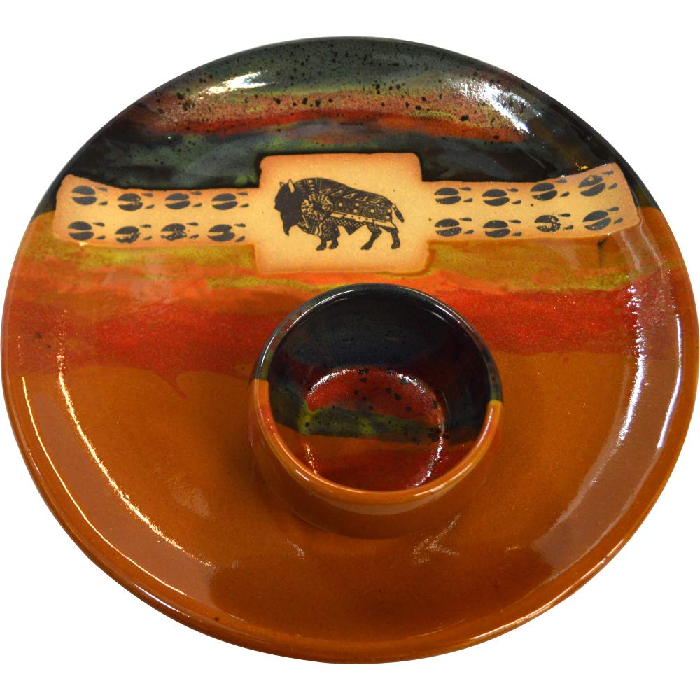 Handmade Ceramic Chip and Dip Party Plate with Southwest Buffalo & Black Hills Gold Glaze - Traditional Stoneware Serving Platter & Dipping Bowl - Perfect for Snacks, Appetizers & Entertaining - Great for Parties, Game Nights & Family Gatherings