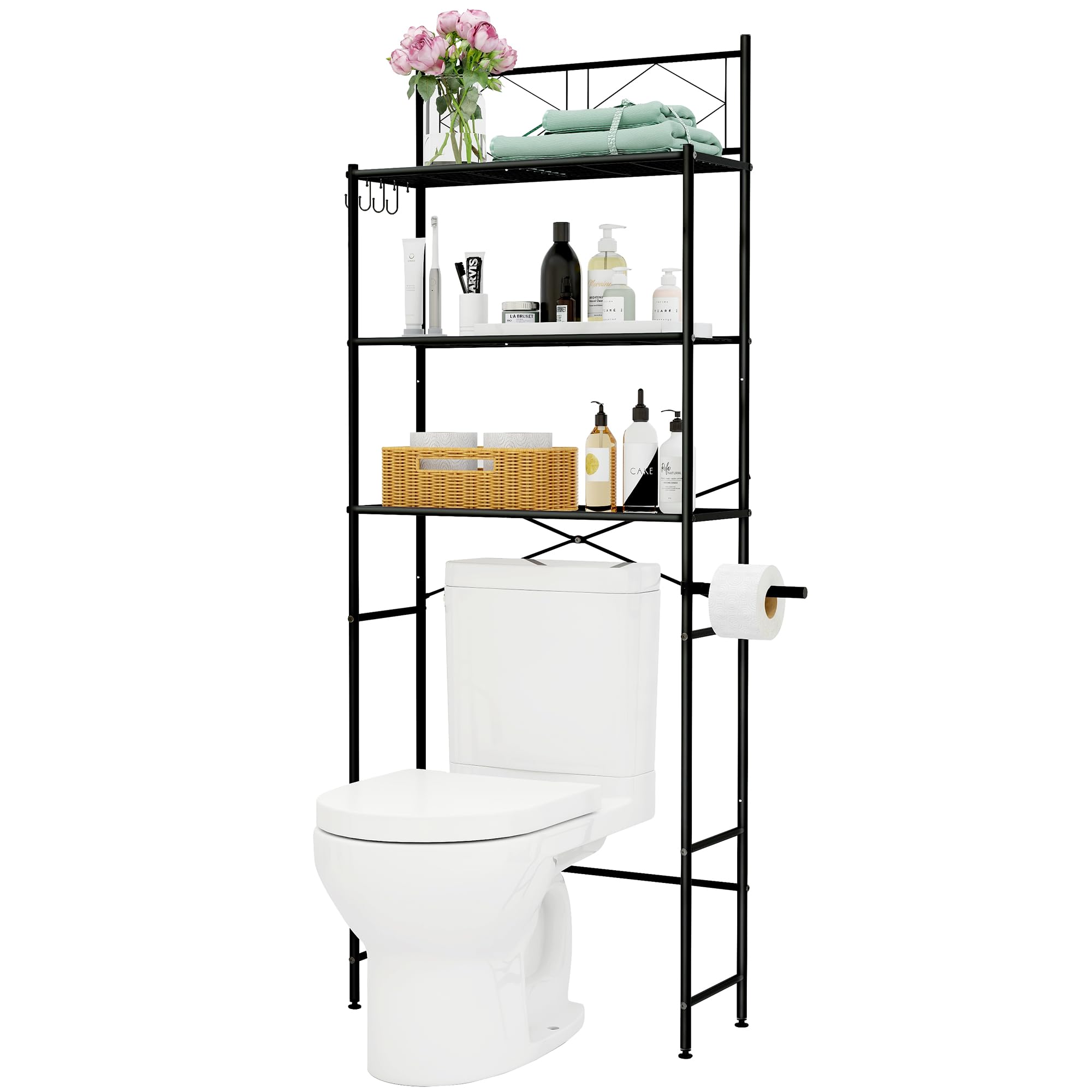 3-Tier Over The Toilet Storage Shelf Organizer - X-Shaped Bar Freestanding Bathroom Space Saver | Perfect for Small Bathrooms, Apartments & Dorm Rooms | Black