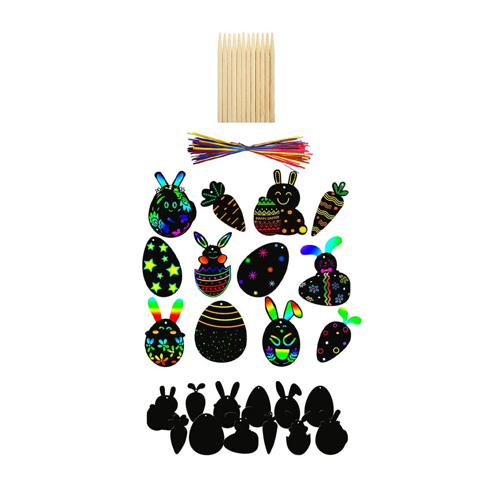 EXCEART Easter Scratch Cards for Kids - 1 Set Rainbow Scratch Paper Art Kit with Stickers, Easter Egg & Rabbit Designs - Fun DIY Painting Activity for Children's Party Supplies & Creative Play
