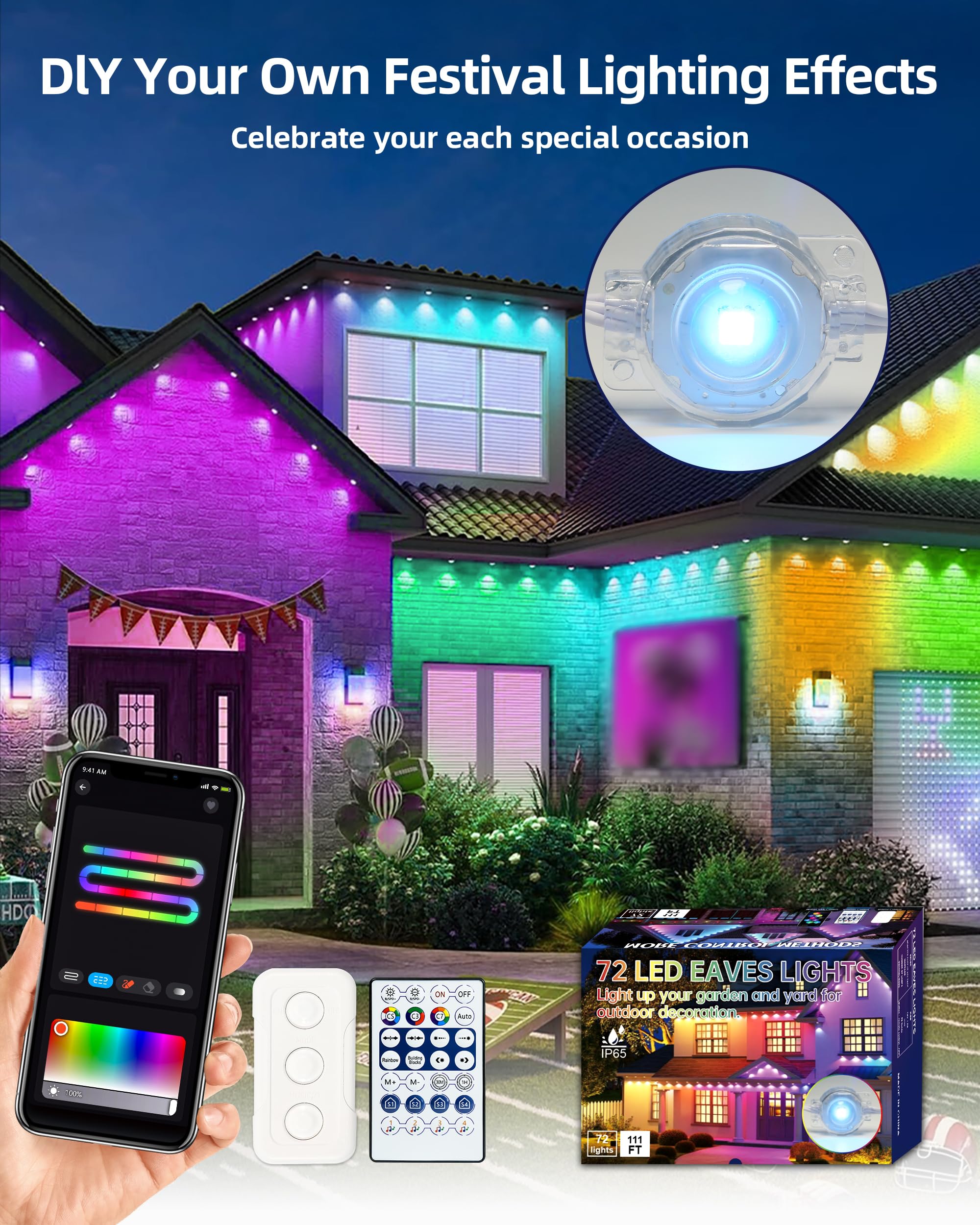 Smart LED Permanent Outdoor Lights - 111ft 72 RGB LEDs with App Control, DIY Scene Modes, IP65 Waterproof for Christmas, Holiday & Year-Round Decor - Perfect for Roofline, Garden, House Parties & Outdoor Events