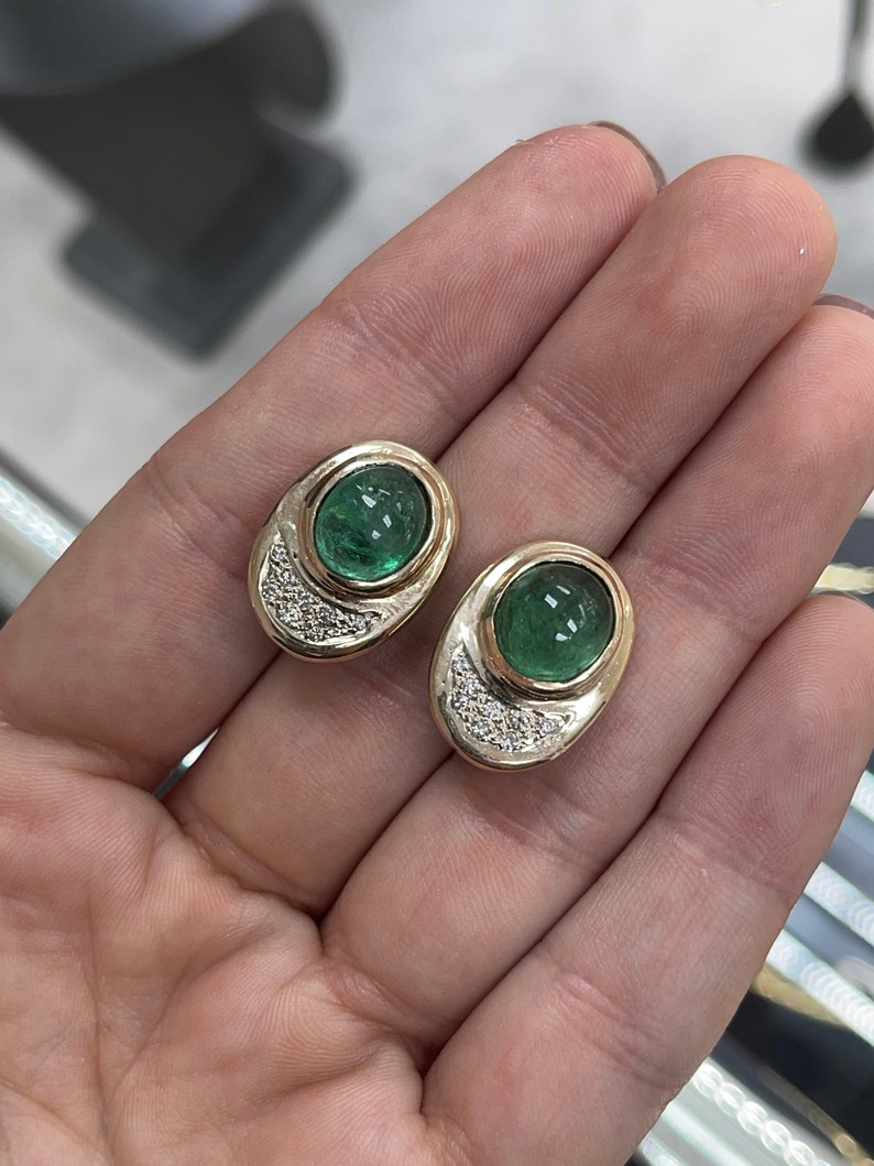 10.14tcw 14K Yellow Gold Emerald Cabochon & Diamond Accent Clip-On Earrings for Women | Luxury Wedding, Party & Evening Wear Jewelry Gift