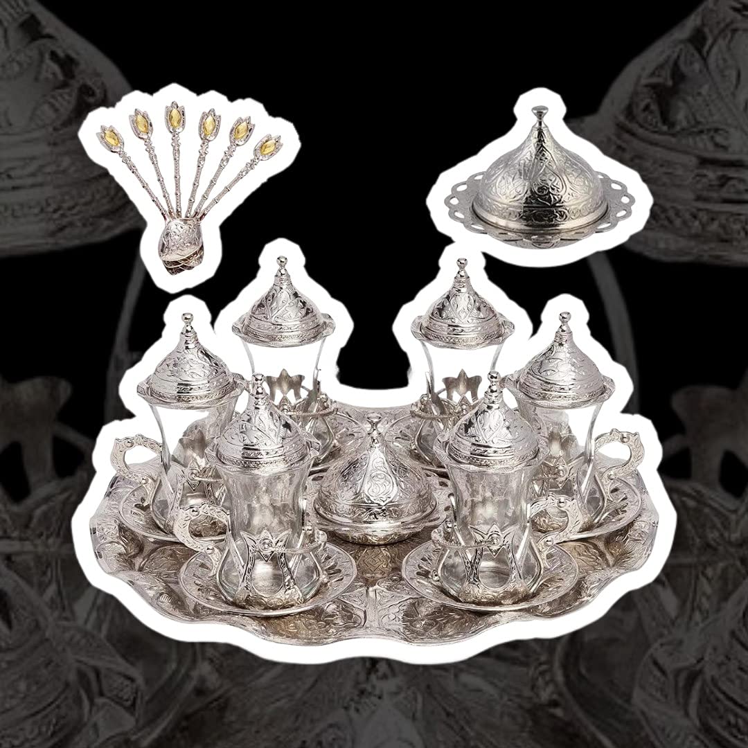 Handmade Turkish Tea Set with Zamzam Water Glasses, Saucer, Tray & Spoon (Silver) - Perfect for Traditional Tea Ceremonies, Home Decor & Gift Giving