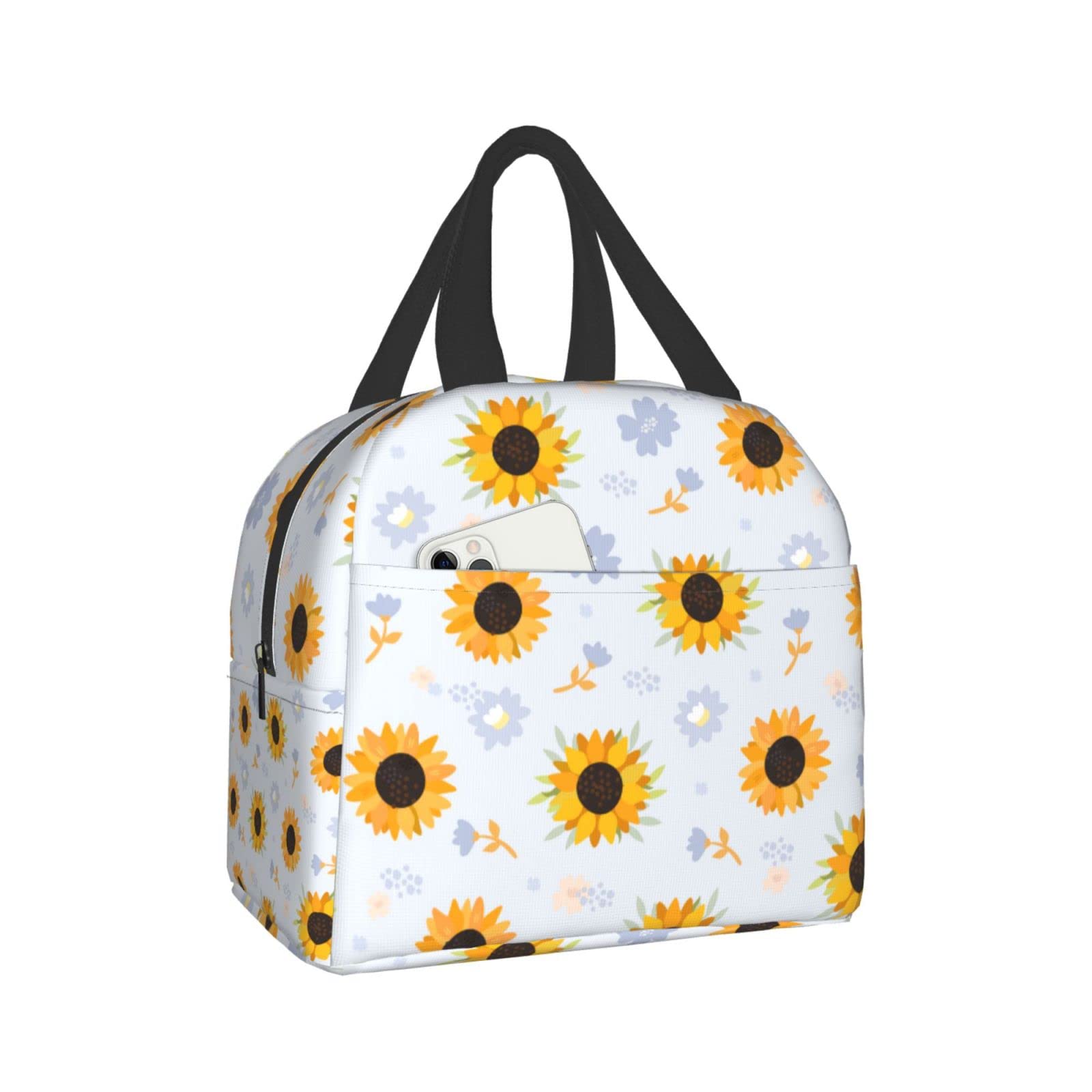 Insulated Lunch Bag with Sunflower Print - Reusable & Portable Lunch Box for Men & Women - Perfect for Work, Travel, Picnic & Outdoor Activities