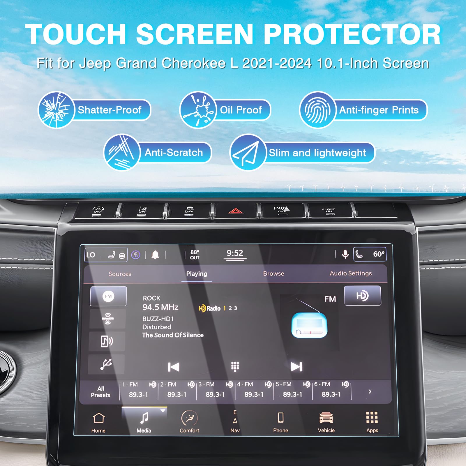 Karltys 2 Pack 10.1-Inch Tempered Glass Screen Protector for 2021-2025 Jeep Grand Cherokee L, Dodge Durango & Chrysler Pacifica - Ultra Clear Anti-Glare Touch Screen Protector - Perfect for Road Trips, Daily Commuting & Touchscreen Protection