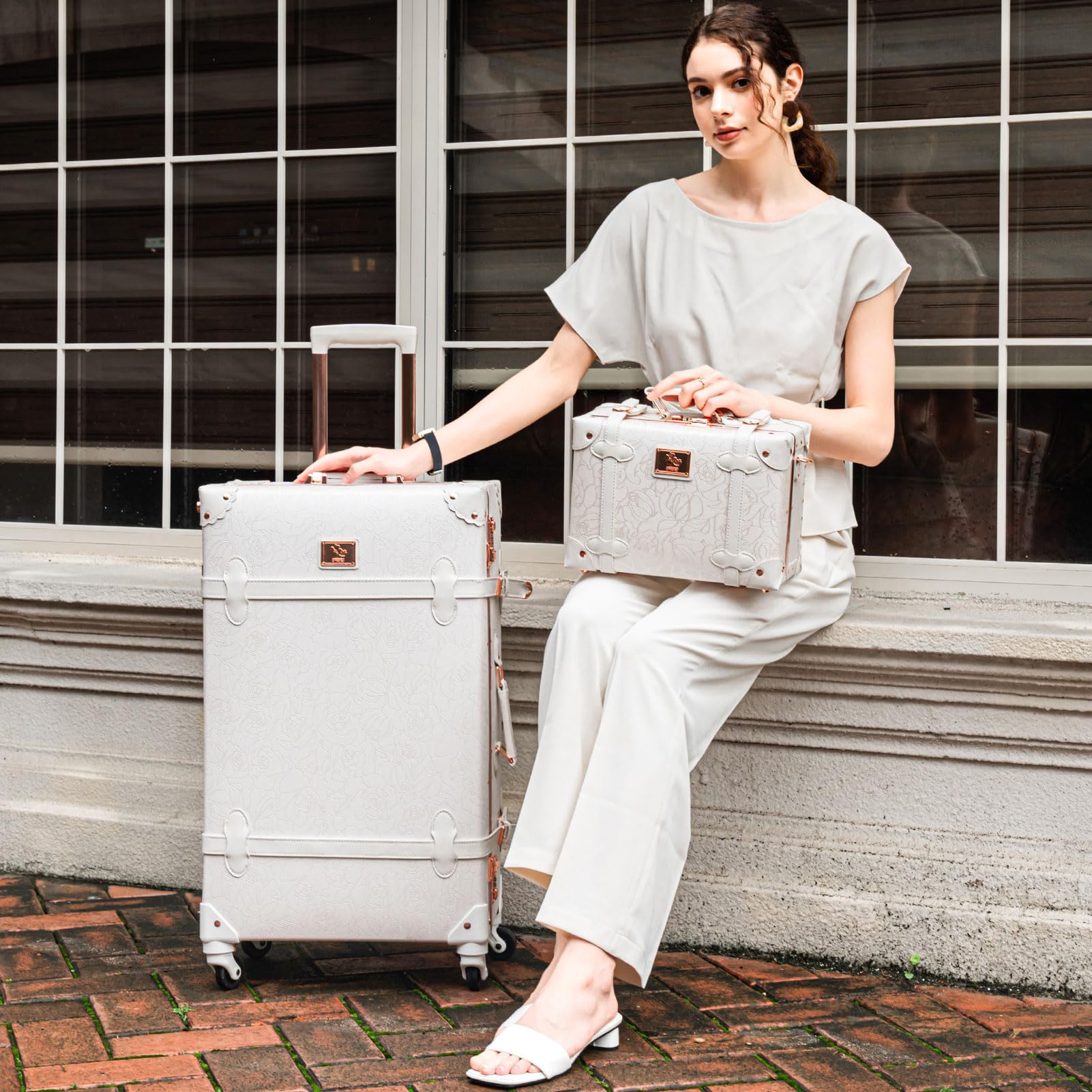Vintage Suitcase Set for Women - 2 Piece Retro Luggage with White Rose Embossed Design, TSA Approved Zipperless Trunk Luggage (26