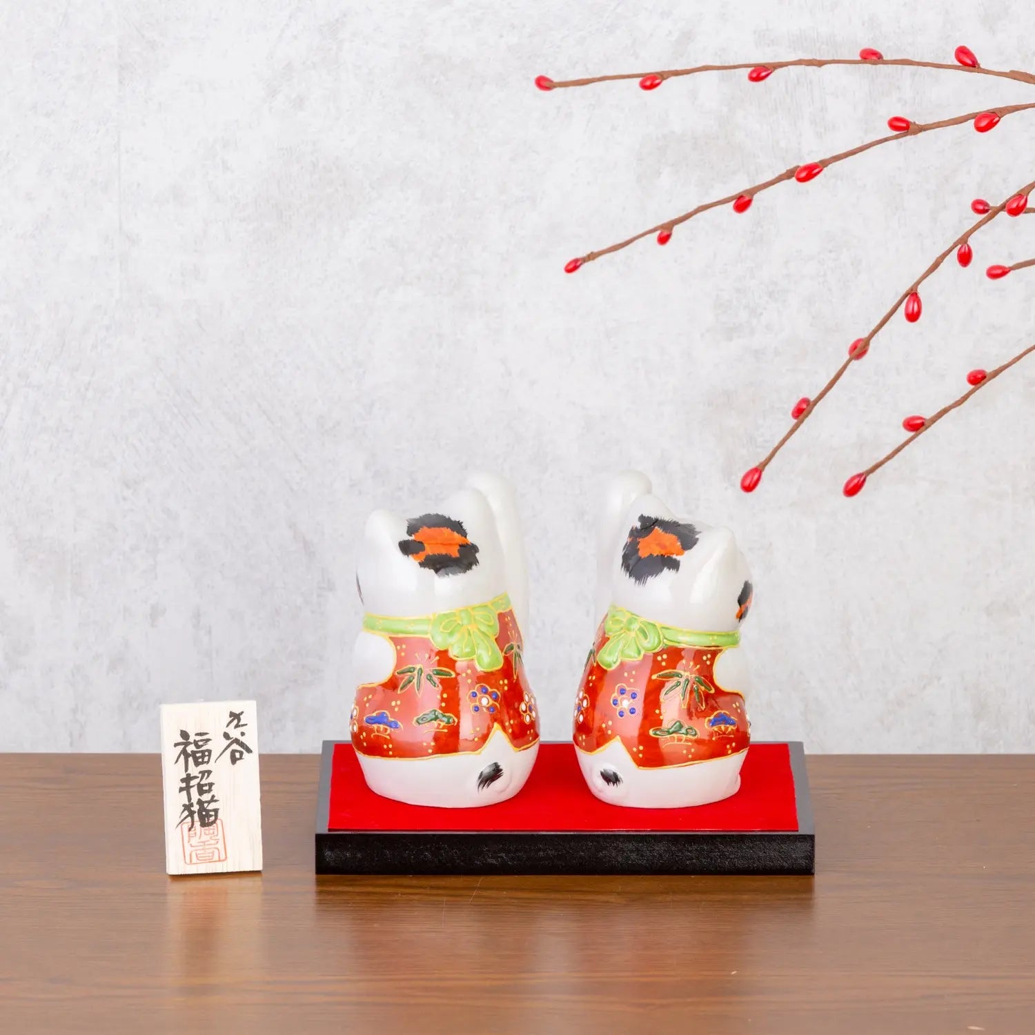 Authentic Kutani Ware Porcelain Maneki Neko Lucky Cat Figurine Set of 2 - 3.5 Inch Japanese Fortune Charm for Home, Office & Gift Giving
