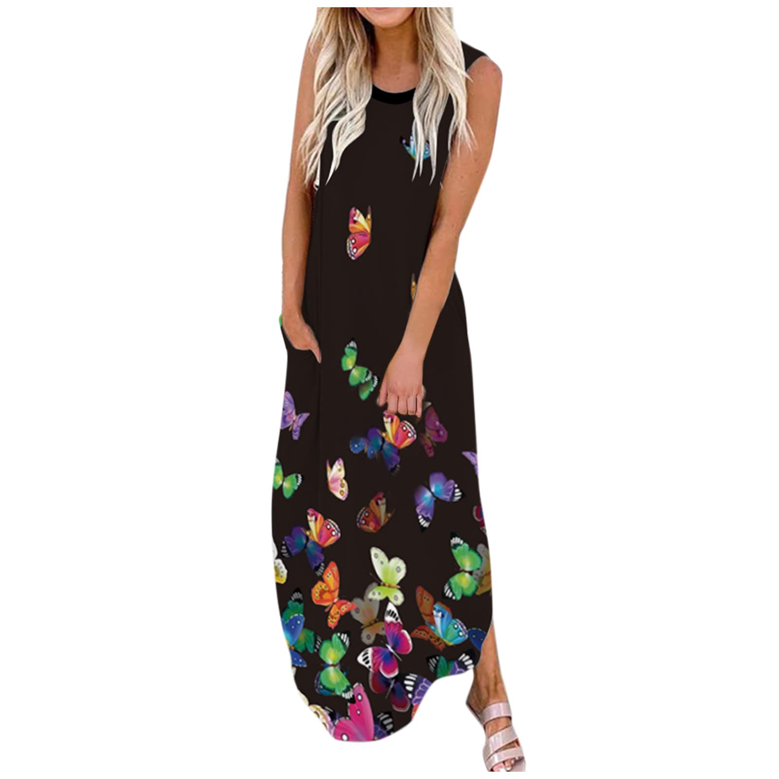 Floral Print Women's Maxi Dress - Sleeveless Casual Beach Dress with Pockets, Midi Slip Dress for Summer Vacation, Pool Party & Boho Outfit