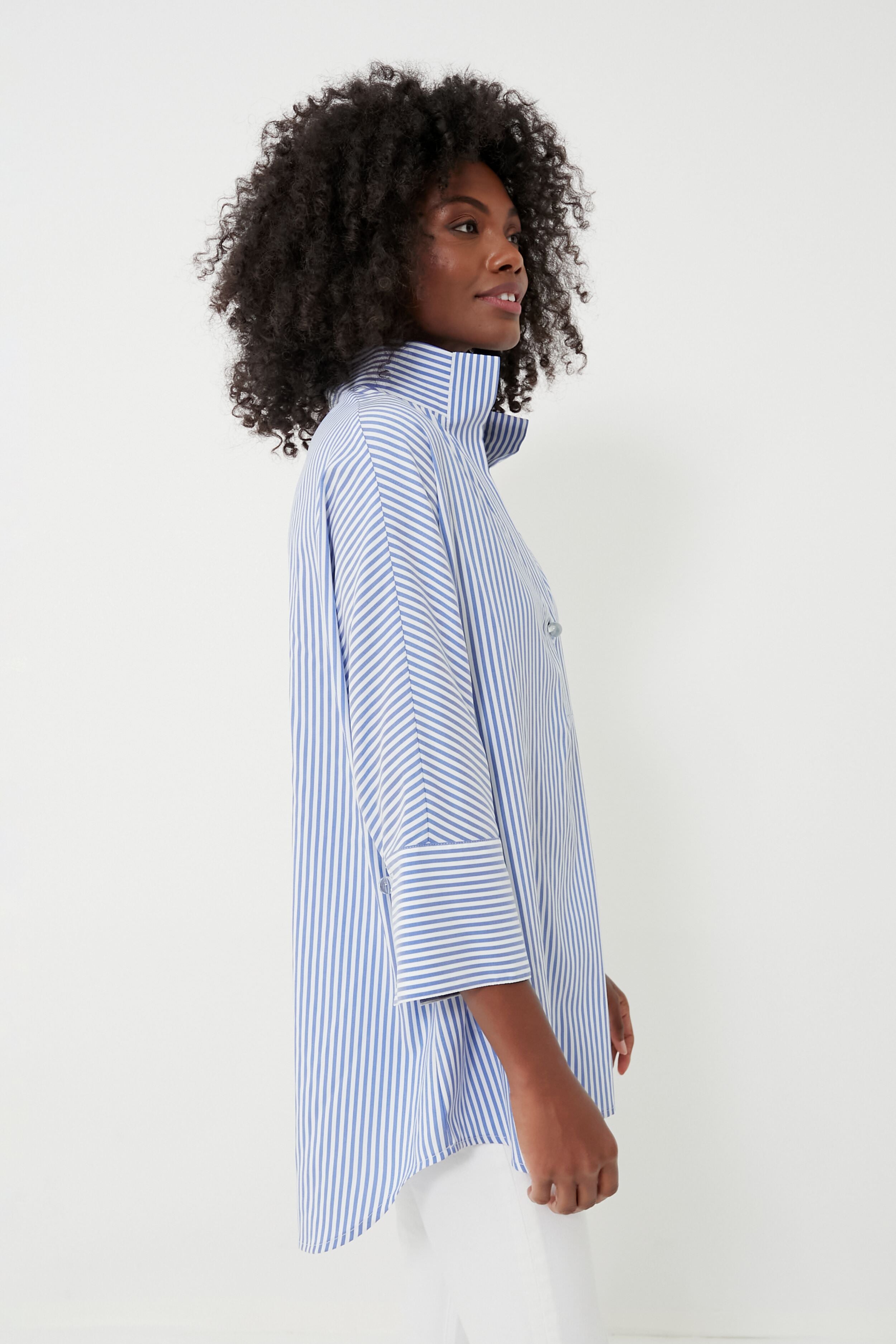 Blue Stripe Willow Blouse - Women's Stylish Floral Print Tunic Top for Casual Wear & Office Outfits | Perfect for Spring & Summer Fashion