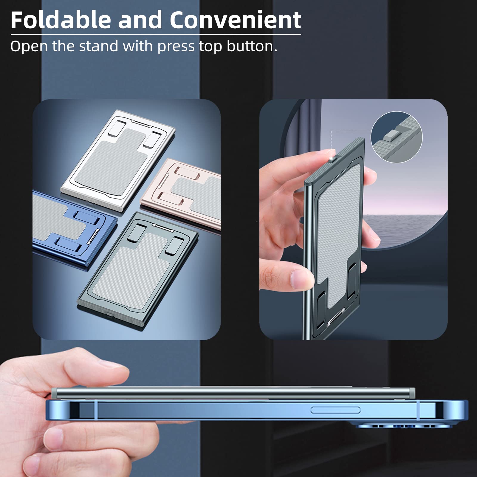 Adjustable Aluminum Phone Stand - Foldable & Portable Desktop Holder for iPhone, Samsung Galaxy, iPad Mini & Tablets Up to 12