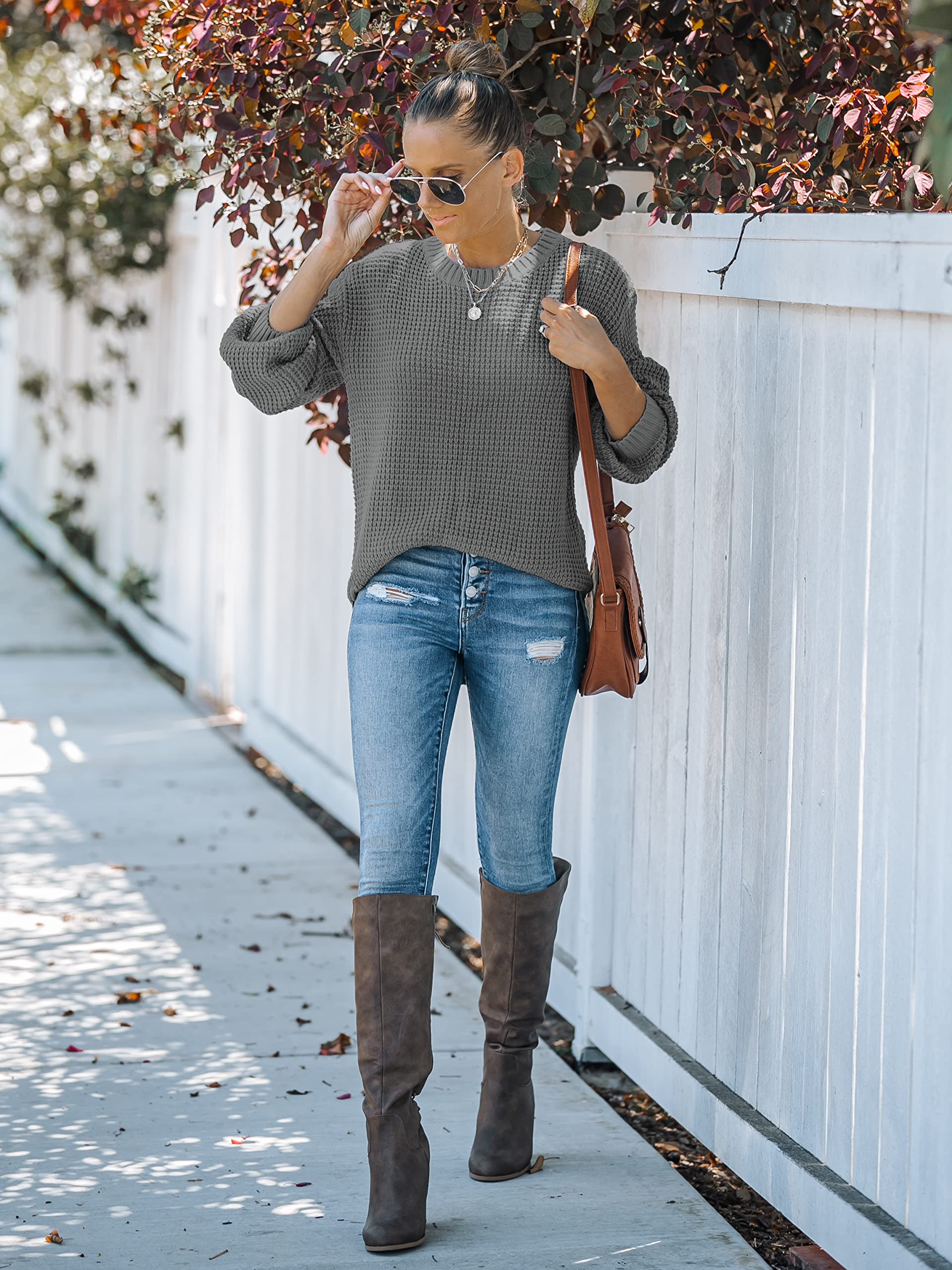 MEROKEETY Women's 2024 Fall Casual Waffle Knit Sweater - Long Balloon Sleeve Loose Pullover Jumper for Autumn Outfits | Perfect for Office, Coffee Dates & Weekend Outings