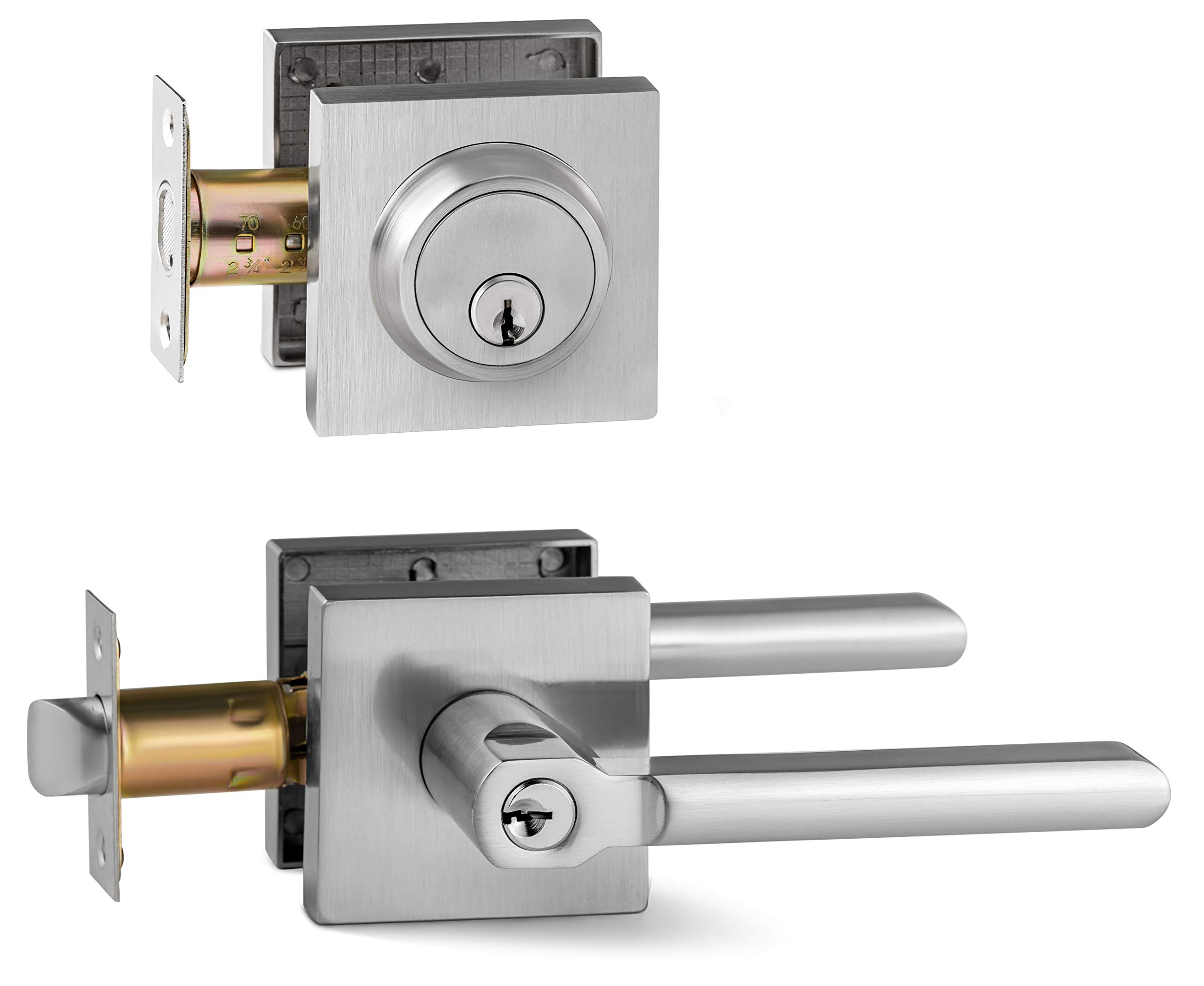 Berlin Modisch Modern Square Entry Lever Door Handle with Single Cylinder Deadbolt Lock Set - Heavy Duty Satin Nickel Finish for Front Doors, Office & Interior Doors (Right/Left Handed) - Secure & Stylish Home & Business Access Solution