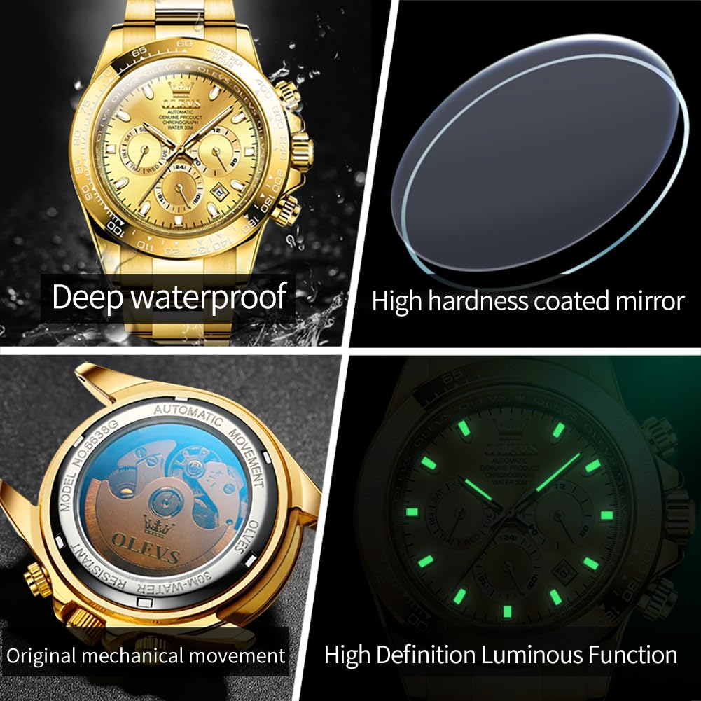 OLEVS Automatic Gold Watches for Men - Luxury Classic Stainless Steel Calendar Luminous Waterproof Watch - Perfect for Business, Formal Events & Everyday Wear
