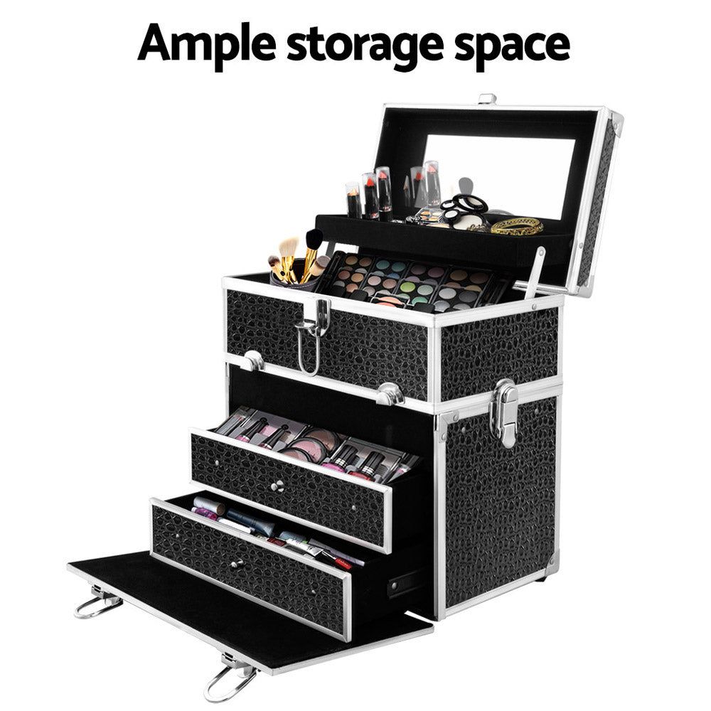 Embellir Portable Cosmetic Makeup Case with Mirror - Black Crocodile Design for Travel & Daily Use | Organize Your Beauty Essentials On-The-Go
